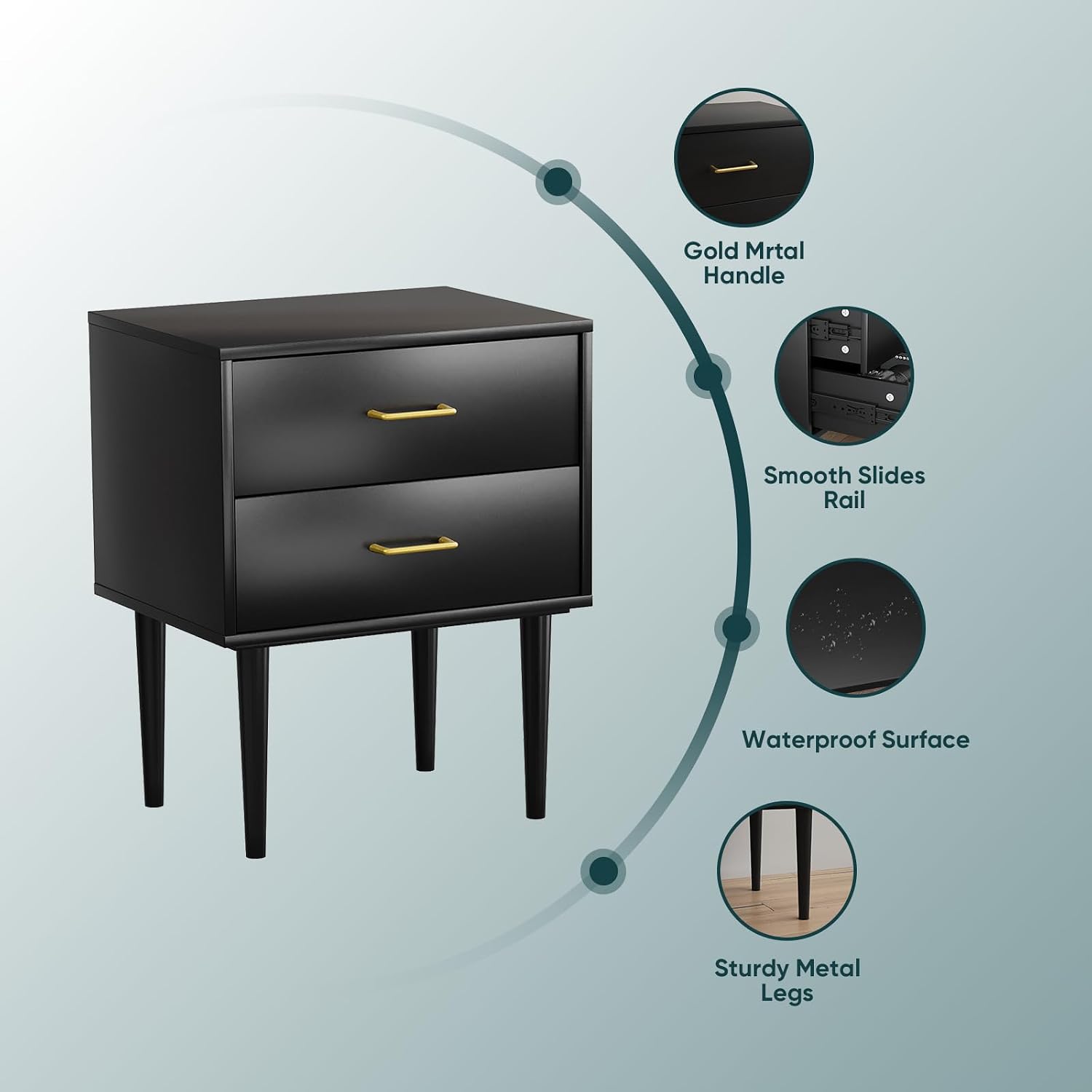 Modern Black Bedside Cabinet with Metal Handles | 2-Drawer Nightstand Set of 2, Solid Wood Legs & Metal Slides for Bedroom Living Room