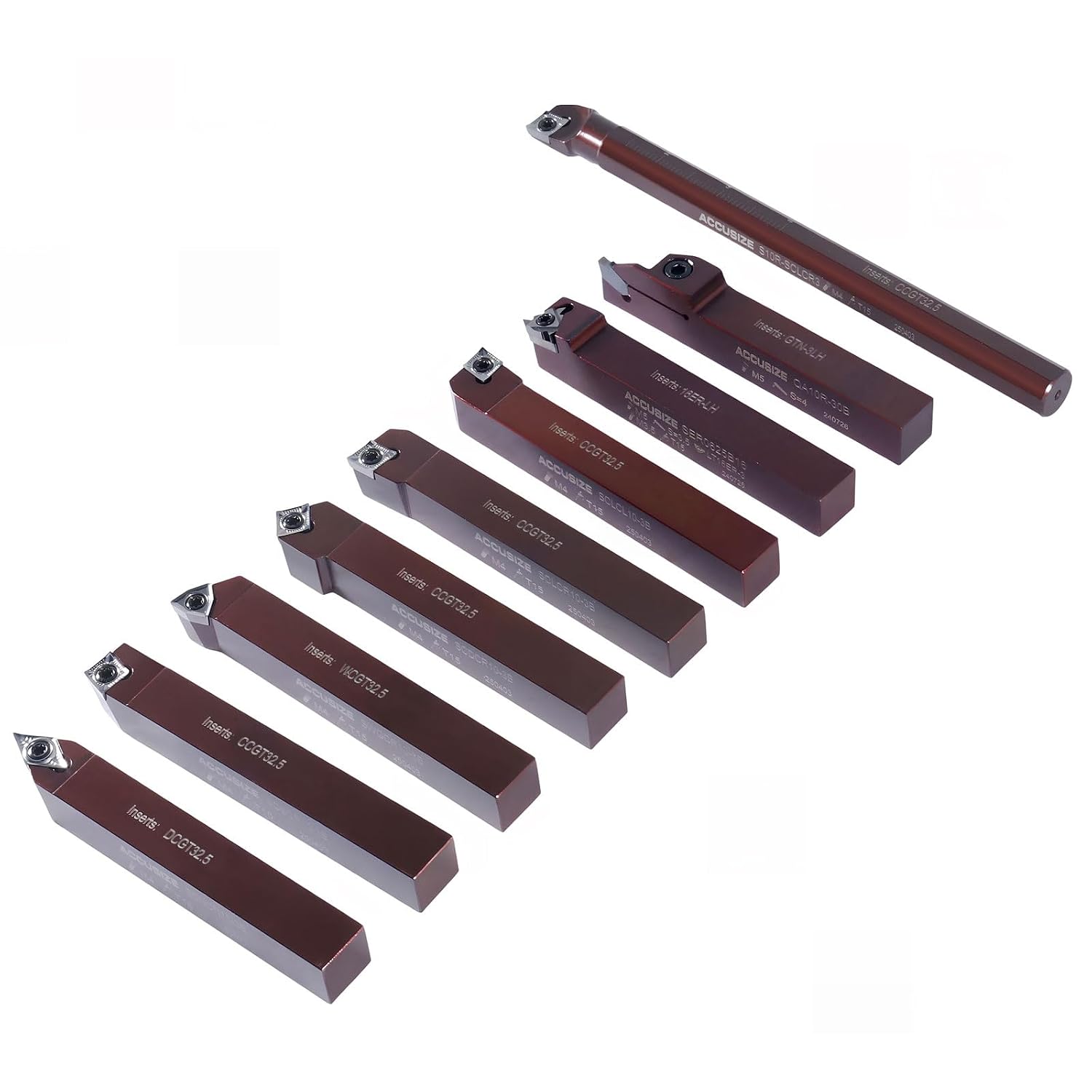 Accusize Industrial Tools 5/8' Shank 9-Piece Indexable Turning & Boring Tool Set, Uncoated Sharp-Edge Inserts for Aluminum, 3988-0058