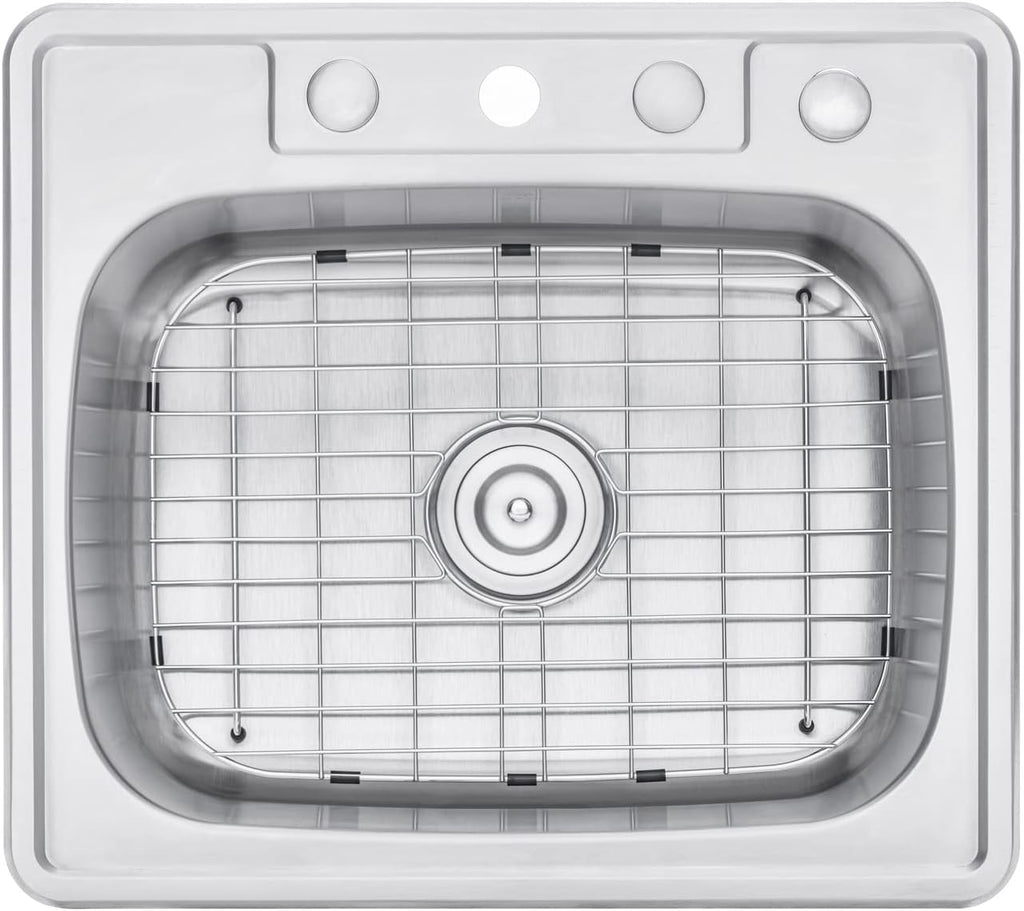 CozyBlock 25 x 22 x 9 Inch Top-mount/Drop-in Stainless Steel Single Bowl Kitchen Sink with Strainer and Protective Bottom Grid- 18 Gauge Stainless Steel-4 Faucet Hole