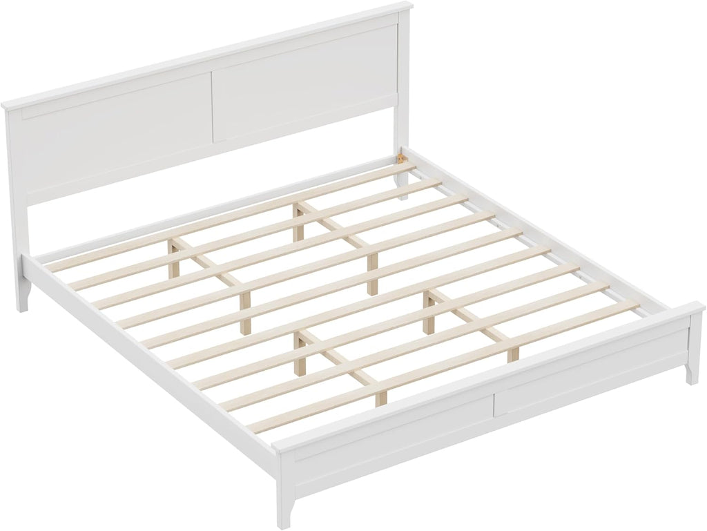 12 Inch Deluxe King Size Bed Frame with Headboard, Mid Century Retro Style White Wood Platform Beds Frames, No Box Spring Needed, 13 Strong Wooden Slat Support, Easy Assembly (White, King)