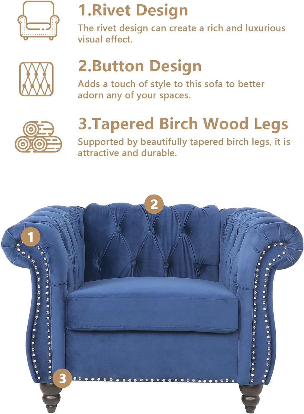 QHITTY 3 Piece Living Room Couch Set, Sectional Chesterfield Sofa Chair Contemporary Upholstered Velvet Loveseat Sofa Sets for Living Room, Office, Small Apartment