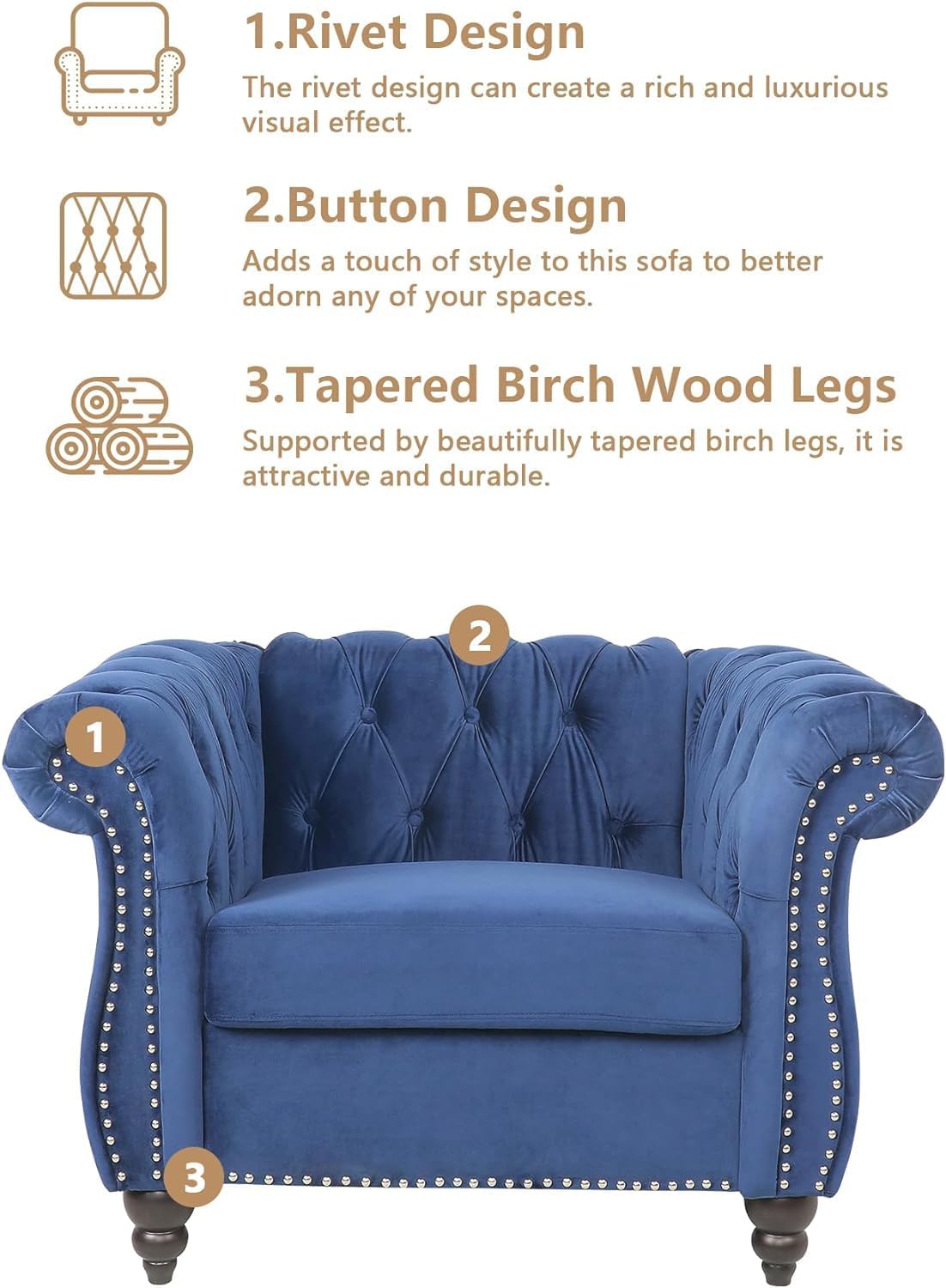 QHITTY 3 Piece Living Room Couch Set, Sectional Chesterfield Sofa Chair Contemporary Upholstered Velvet Loveseat Sofa Sets for Living Room, Office, Small Apartment