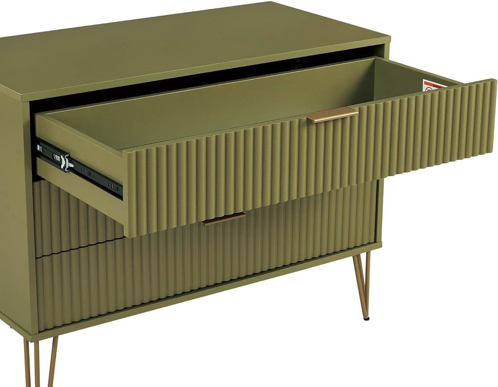 Manhattan Comfort Dumbo Modern 3 Drawer Dresser with Fluted Ribbed Front, No Tool Assembly, Hairpin Splayed Gold Metal Legs, Storage Chest, Entryway Cabinet for Bedroom, Living Room in Olive Green