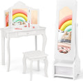 Costzon Kids Vanity & Jewelry Armoire Cabinet, Kids Vanity Table and Chair Set, Makeup Dressing Table, Standing Jewelry Organizer with Full-Length Mirror, Kids Bedroom Furniture Set for Girls (White)