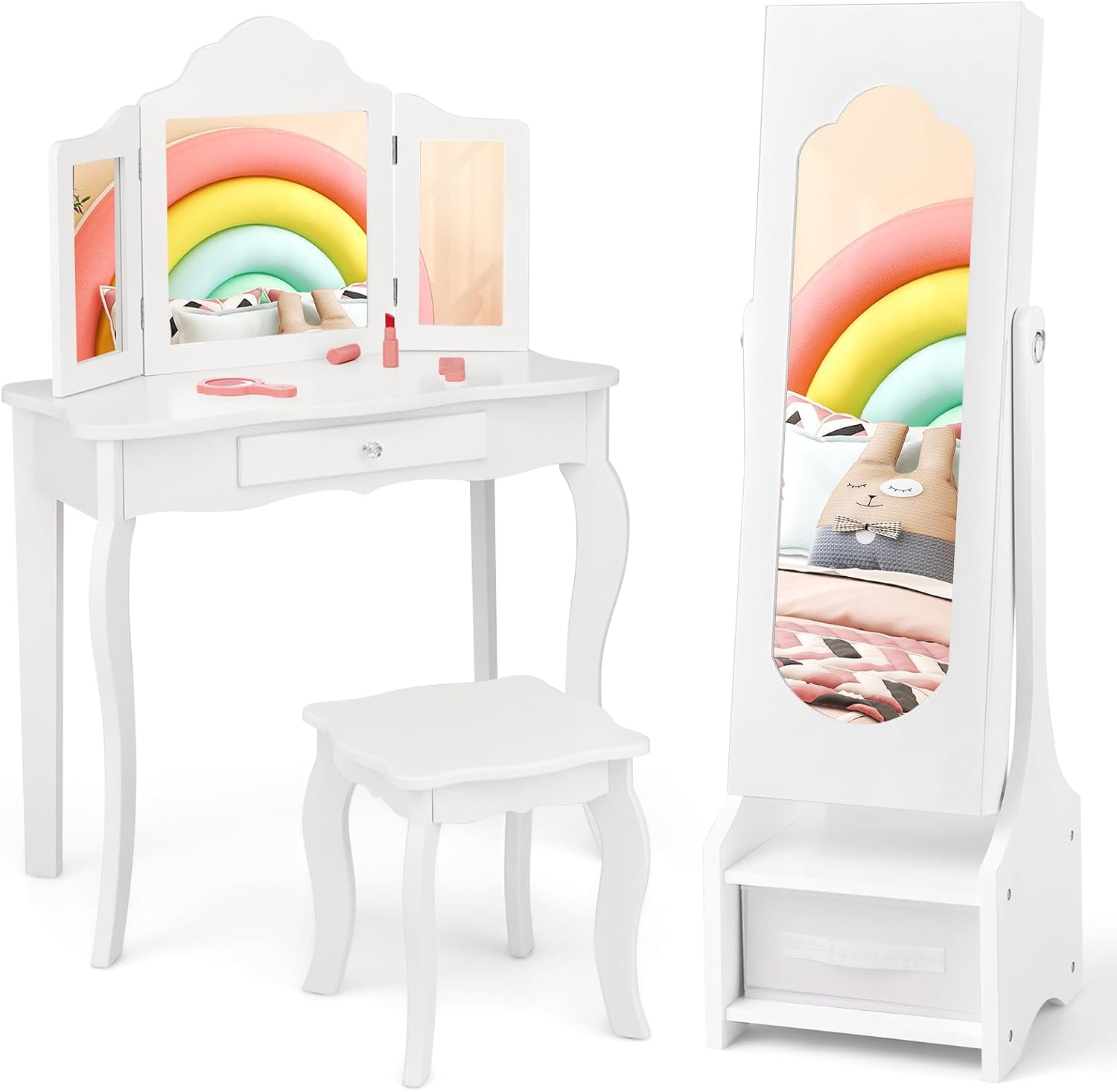 Costzon Kids Vanity & Jewelry Armoire Cabinet, Kids Vanity Table and Chair Set, Makeup Dressing Table, Standing Jewelry Organizer with Full-Length Mirror, Kids Bedroom Furniture Set for Girls (White)