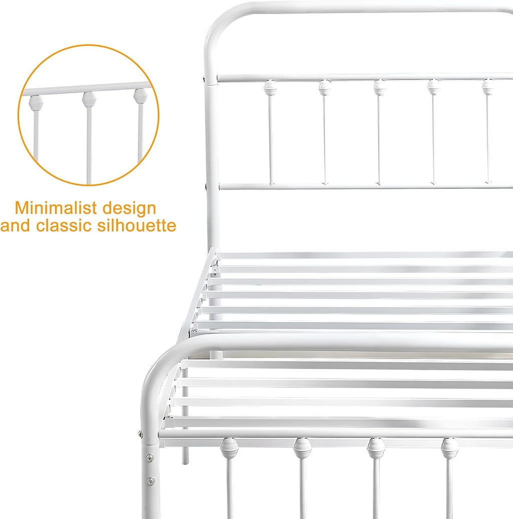 VECELO Twin Size Victorian Style Metal Bed Frame with Headboard Classic Metal Platform Bed Frame Mattress Foundation with Victorian Style Footboard/Under Bed Storage/No Box Spring White 2 Set