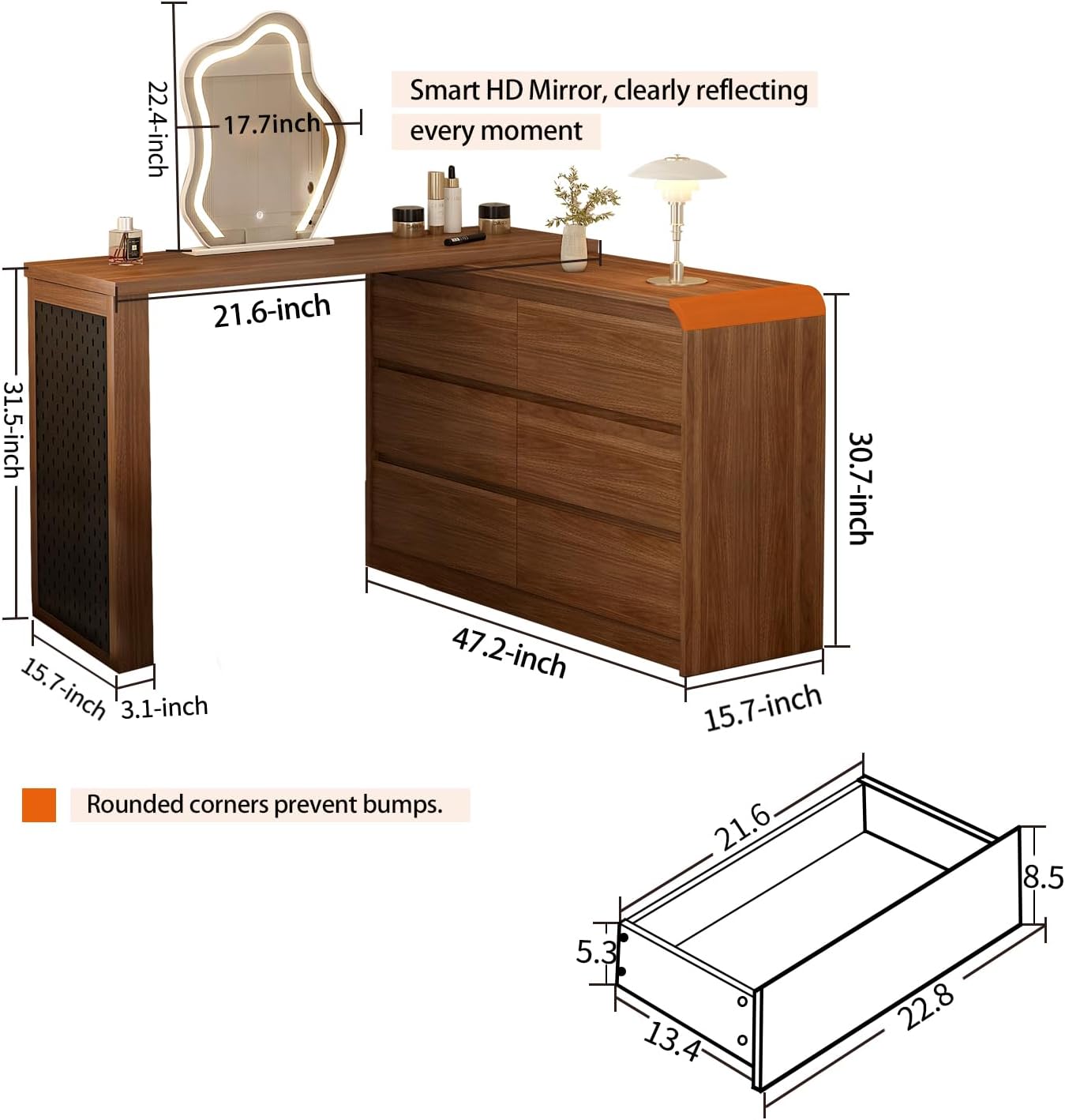 Messenya Makeup Vanity Desk with Cloud HD Lighted Mirror, 50-94in Extendable Modern Vanity Table Set with Chair, 6-Drawer Storage Cabinet with Rounded Corners (Vanity1)