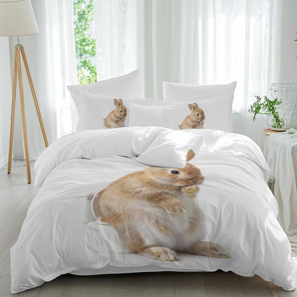 Rabbit Sitting on The Toilet Thinking Duvet Cover Set Queen Size 4 Pieces Abstract Funny Animal Bedding Set with Zipper Closure, 1 Comforter Cover 92x106 Inches 1 Flat Sheet & 2 Pillow Cases