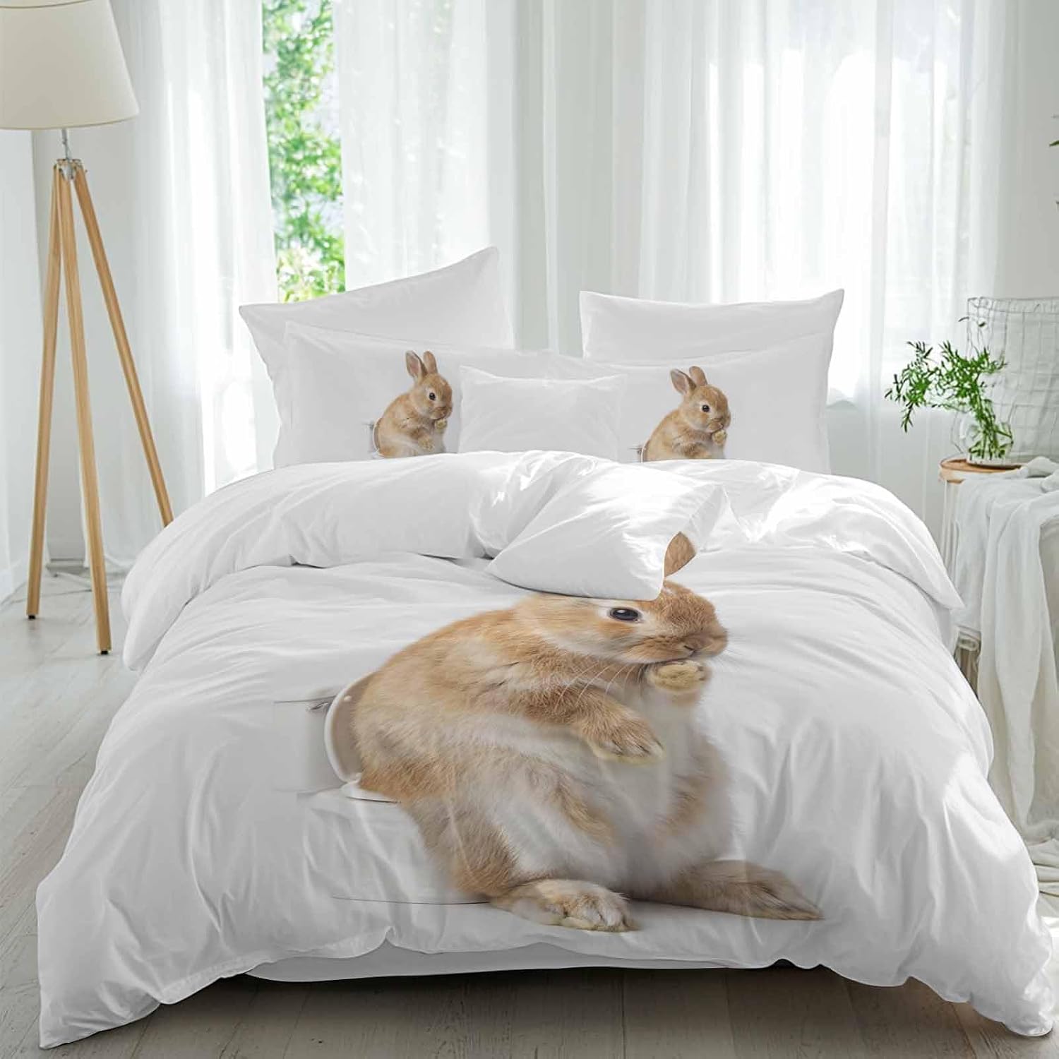 Rabbit Sitting on The Toilet Thinking Duvet Cover Set Queen Size 4 Pieces Abstract Funny Animal Bedding Set with Zipper Closure, 1 Comforter Cover 92x106 Inches 1 Flat Sheet & 2 Pillow Cases