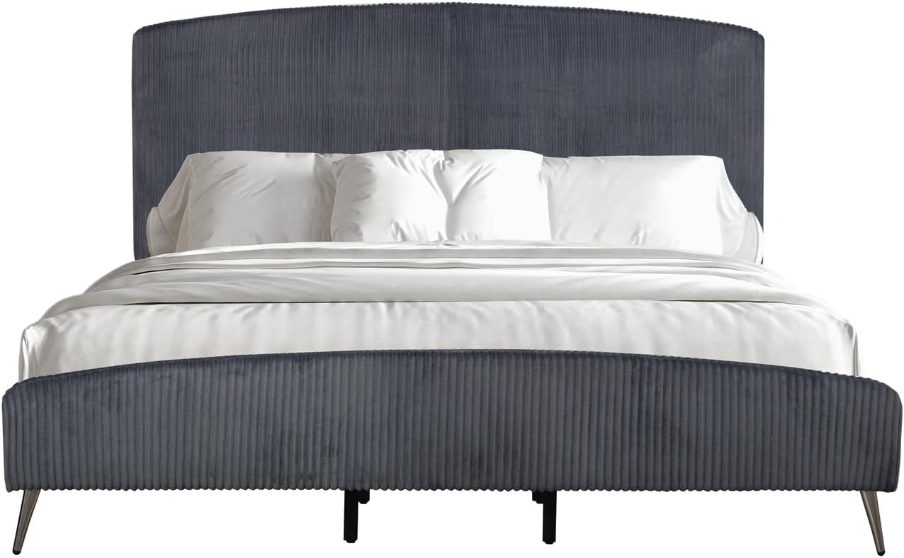 HomeStock Velvet Upholstered Panel Bed - Modern Bedroom Furniture - Gray Queen