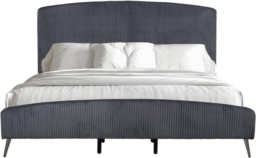 HomeStock Velvet Upholstered Panel Bed - Modern Bedroom Furniture - Gray California King