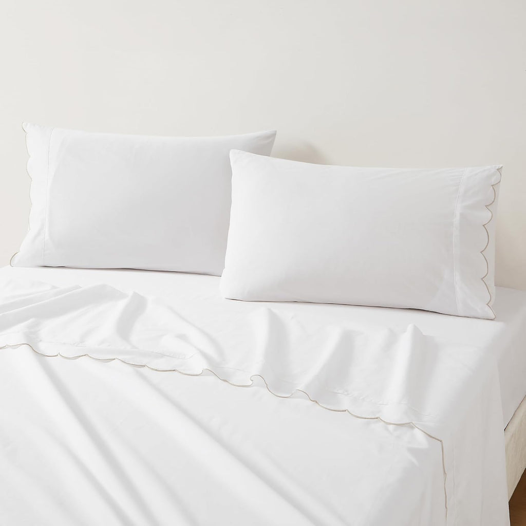 Lush Decor Coastal Chic Scalloped Edge Cotton Sheet Set 4 Piece Set King Neutral - White Sheets - Scallop Trim - Bed Sheets - Coastal Decor