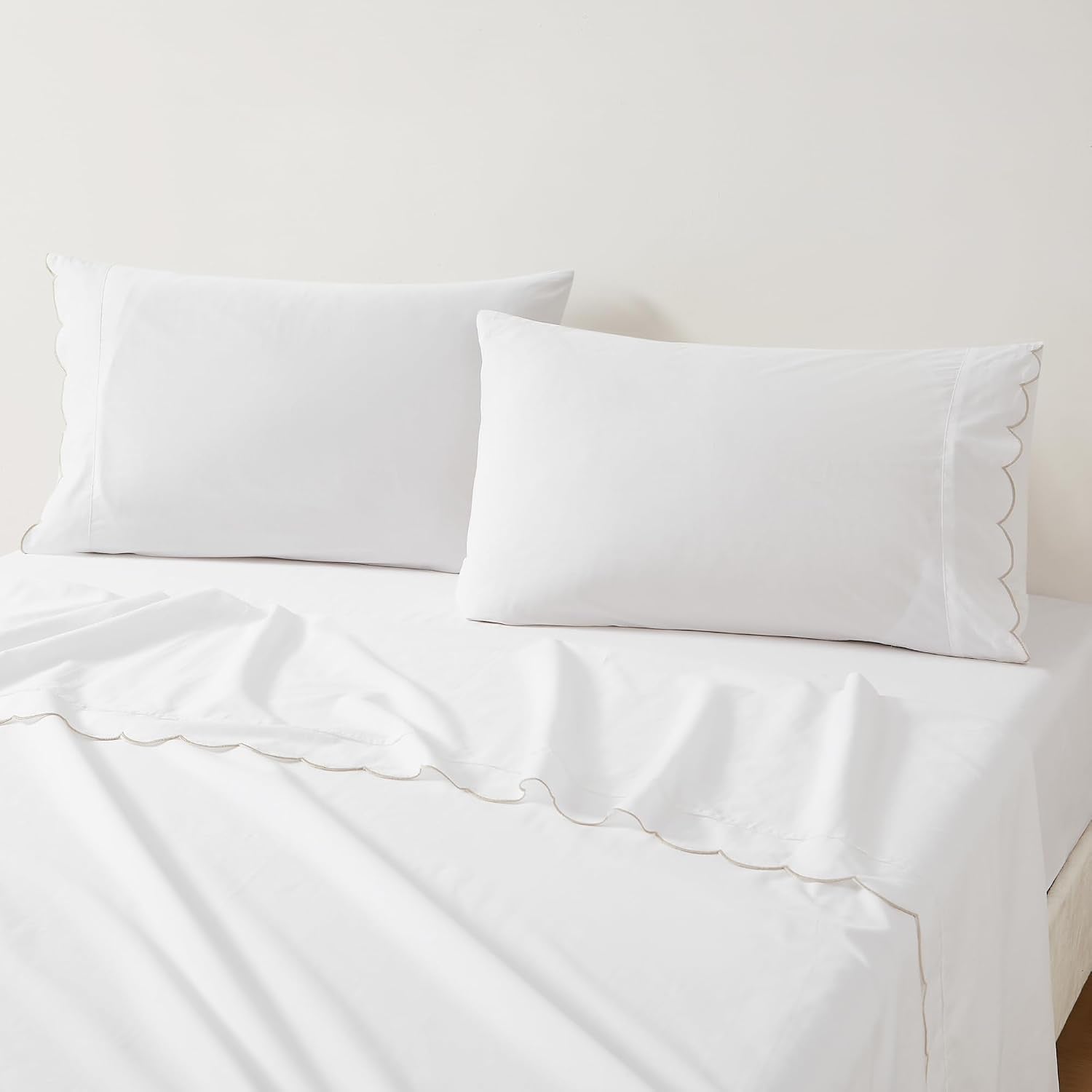 Lush Decor Coastal Chic Scalloped Edge Cotton Sheet Set 4 Piece Set Queen Neutral - White Sheets - Scallop Trim - Bed Sheets - Coastal Decor