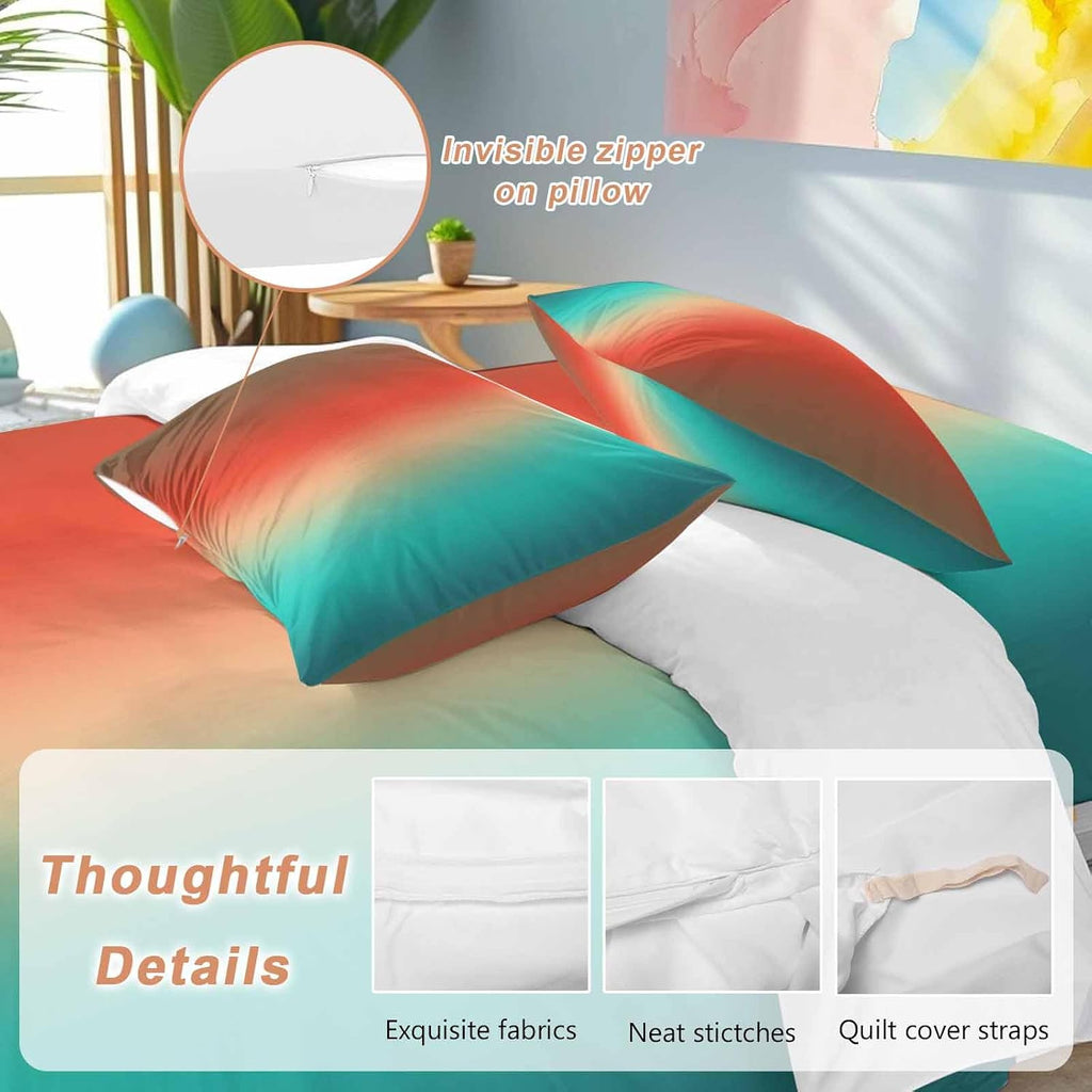 Gradient Blue Green Duvet Cover Set Queen Size 4 Pieces Modern Abstract Minimalist Orange Brown Ocean Beach Bedding Set with Zipper Closure,1 Comforter Cover 86x86 Inches 1 Flat Sheet & 2 Pillow Cases