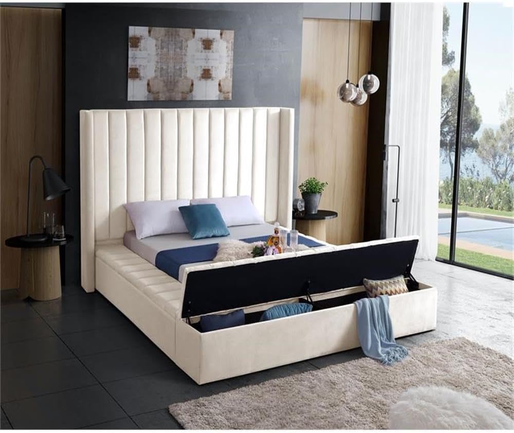 Meridian Furniture Kiki Collection Modern | Contemporary Velvet Upholsterd Bed with Channel Tufting, Siderails and Footboard Storage Compartments, Full, Cream