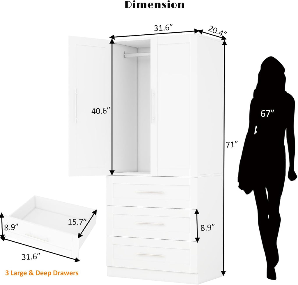 Armoire Wardrobe Closet with 3 Deep Drawers and Doors 71' Clothing Storage Cabinet with Hanging Rod Wooden Wardrobe Cabinet for Bedroom, Large Capacity Storage White