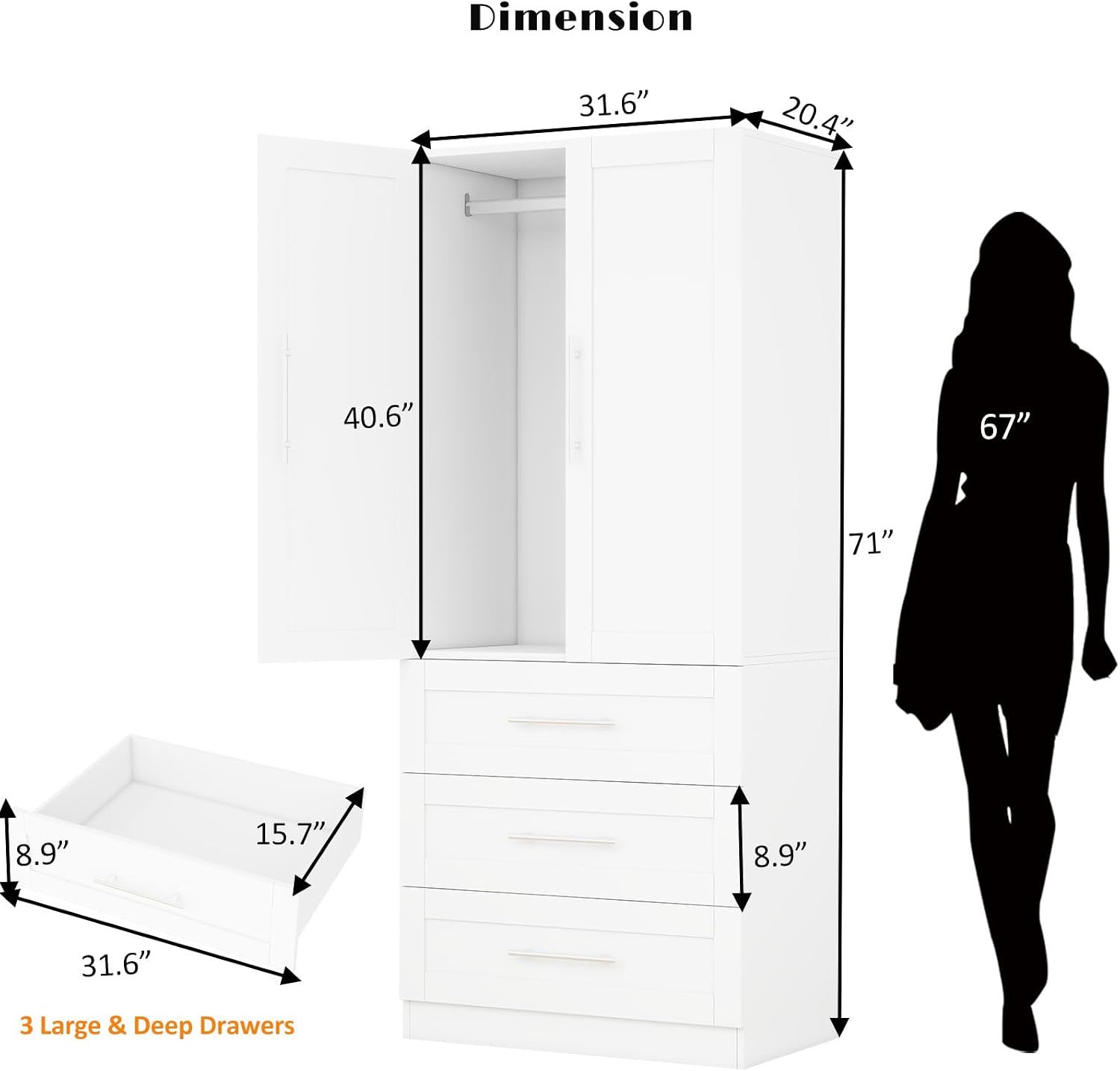 Armoire Wardrobe Closet with 3 Deep Drawers and Doors 71' Clothing Storage Cabinet with Hanging Rod Wooden Wardrobe Cabinet for Bedroom, Large Capacity Storage White