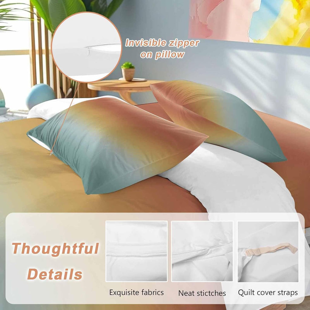 Bohemian Gradient Green Duvet Cover Set Queen Size 4 Pieces Modern Minimalist Orange Yellow Ocean Beach Bedding Set with Zipper Closure, 1 Comforter Cover 90x92 Inches 1 Flat Sheet & 2 Pillow Cases