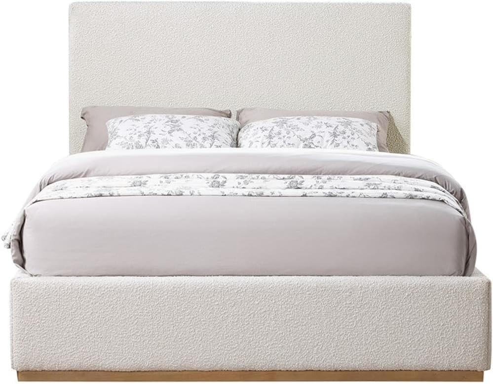 Meridian Furniture MonacoCream-F Monaco Collection Modern | Contemporary Boucle Fabric Upholstered Full Bed with Solid Wood Natural Wire Brush Finish, 58.5' W x 82.5' D x 52' H, Cream, Full