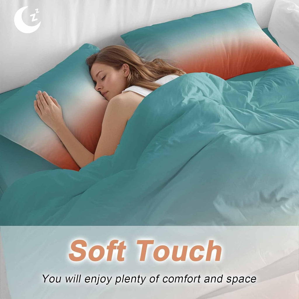 Gradient Orange Duvet Cover Set Queen Size 4 Pieces Modern Minimalist Green Orange Red Ocean Beach Bedding Set with Zipper Closure, 1 Comforter Cover 90x92 Inches 1 Flat Sheet & 2 Pillow Cases