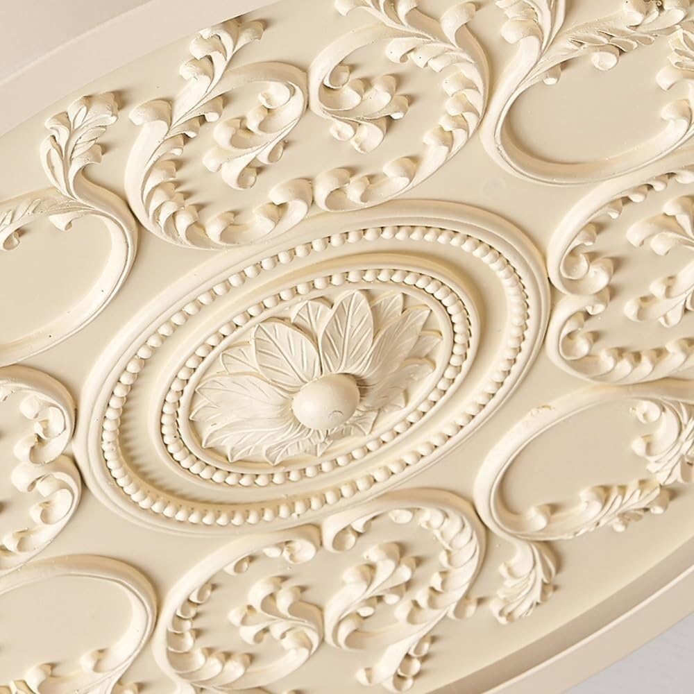 French Country Flush Mount Ceiling Light, Vintage Ornate Ceiling Lamp with Carved Medallion Design, Round Backlit LED Fixture for Bedroom, Living Room, Hallway, Dining Room(White,43CM)