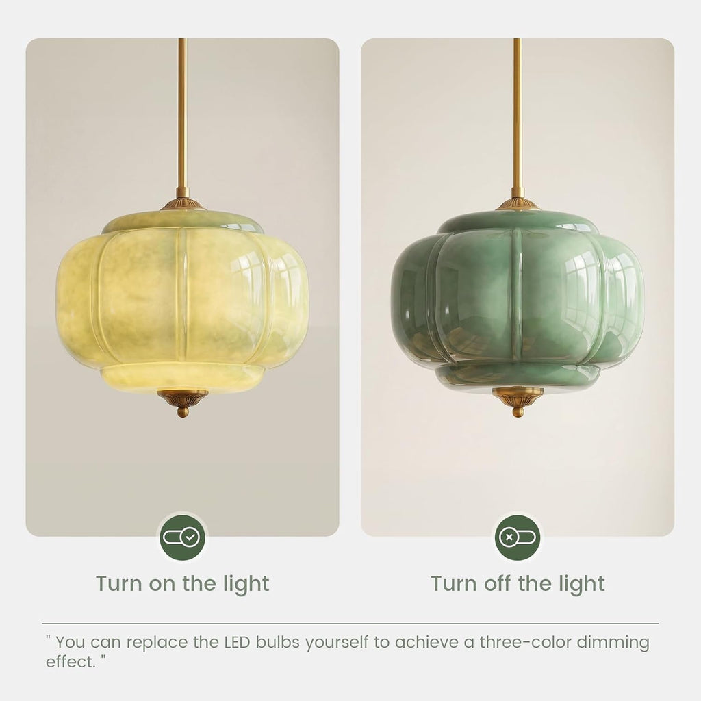 Milk Glass Ceiling Light Fixture - Antique Brass Semi Flush Mount Pendant Light for Kitchen, Hallway, and Bedroom (Green 15 inch)