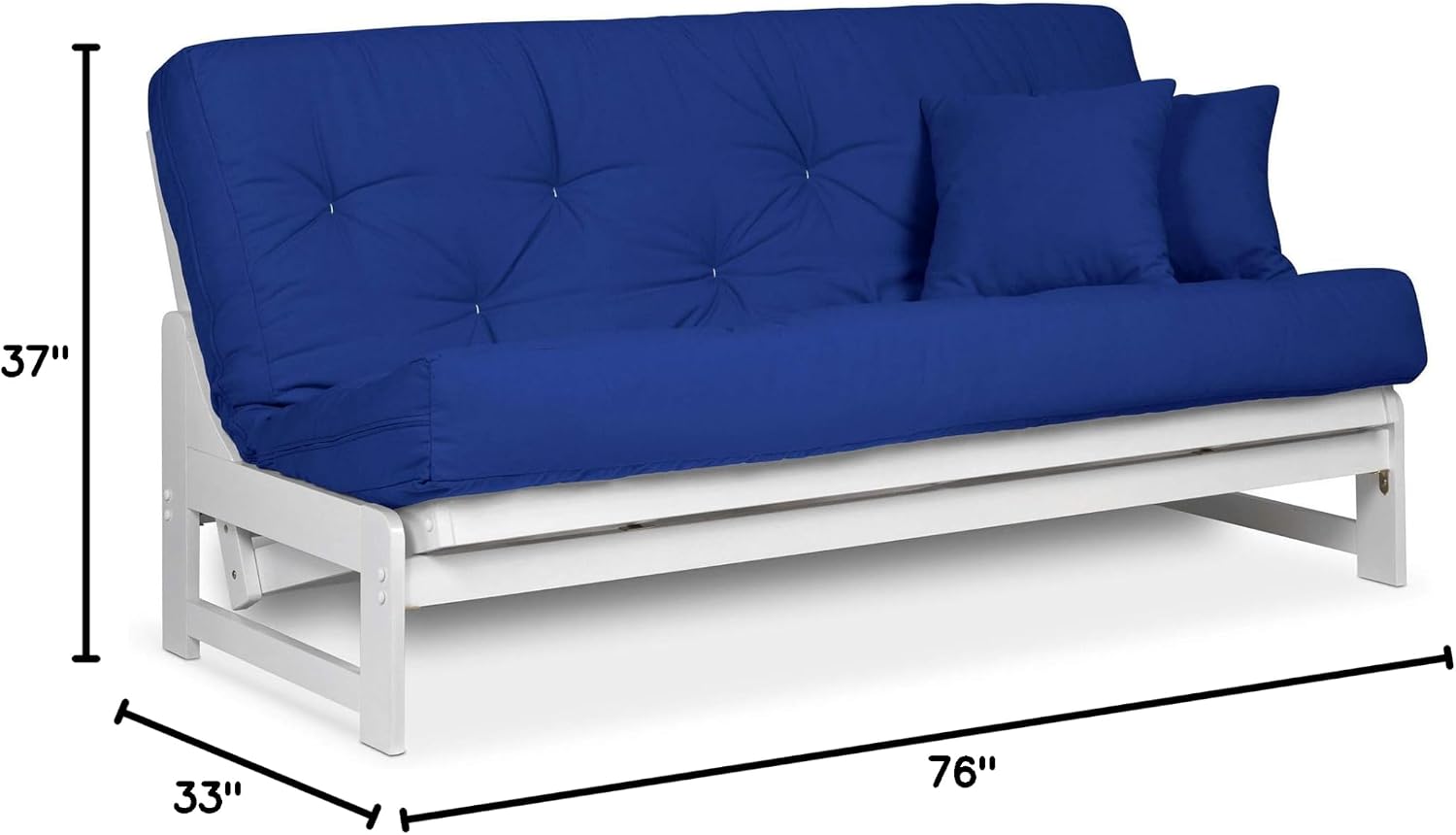 Nirvana Futons Arden White Finish Futon Set (Full or Queen Size), Armless Wood Futon Frame with Mattress Included (Twill Royal Blue), Space Saving Modern Sofa Bed Sleeper
