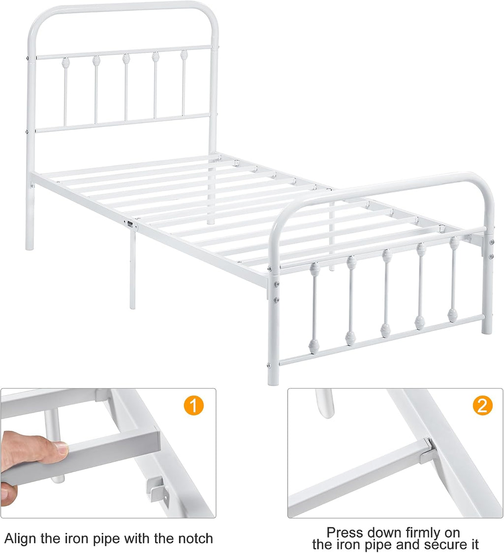 VECELO Twin Size Victorian Style Metal Bed Frame with Headboard Classic Metal Platform Bed Frame Mattress Foundation with Victorian Style Footboard/Under Bed Storage/No Box Spring White 2 Set