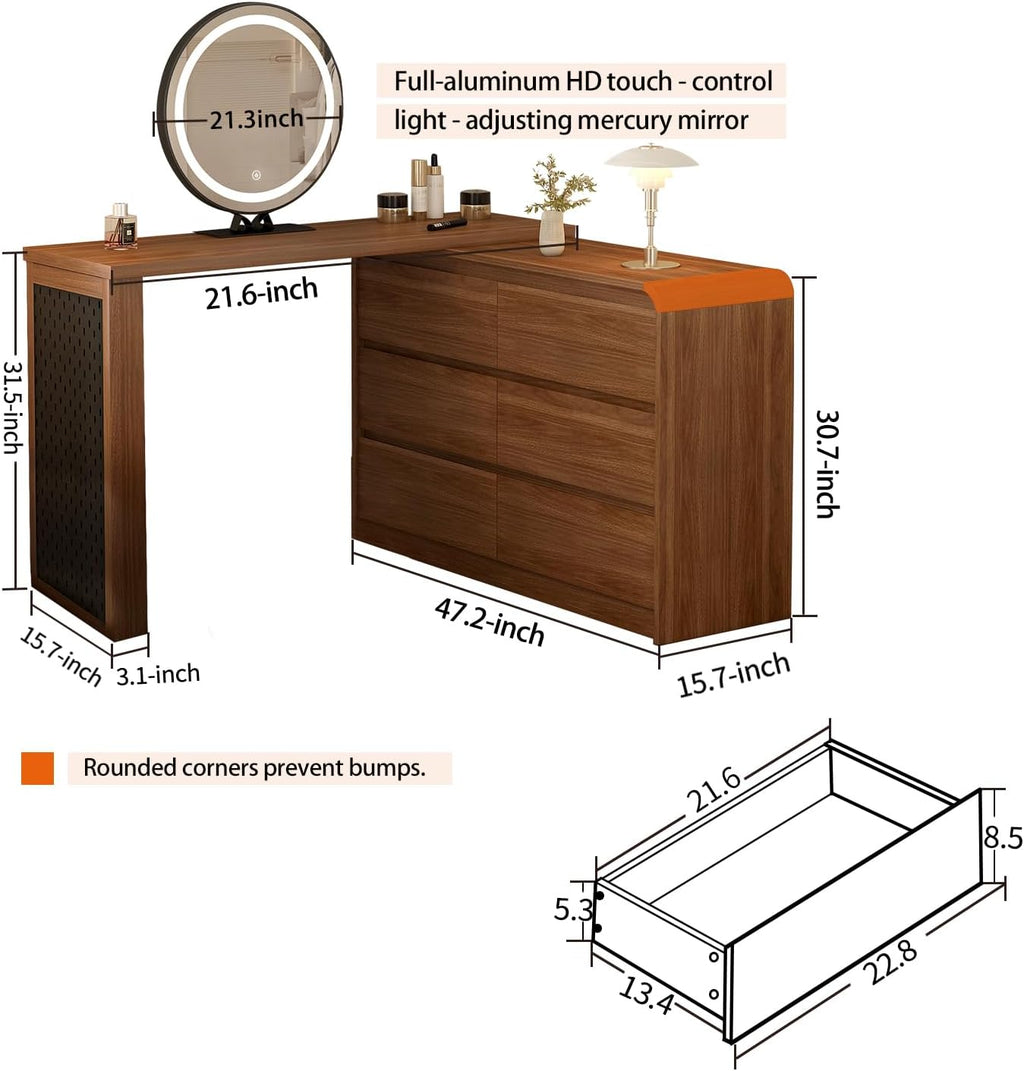 Messenya Makeup Vanity Desk with Full Aluminum HD Lighted Mirror, 50-90in Extendable Modern Dressing Table, 6-Drawer Storage Cabinet with Rounded Anti-Collision Corners, Bedroom Vanity, Brown