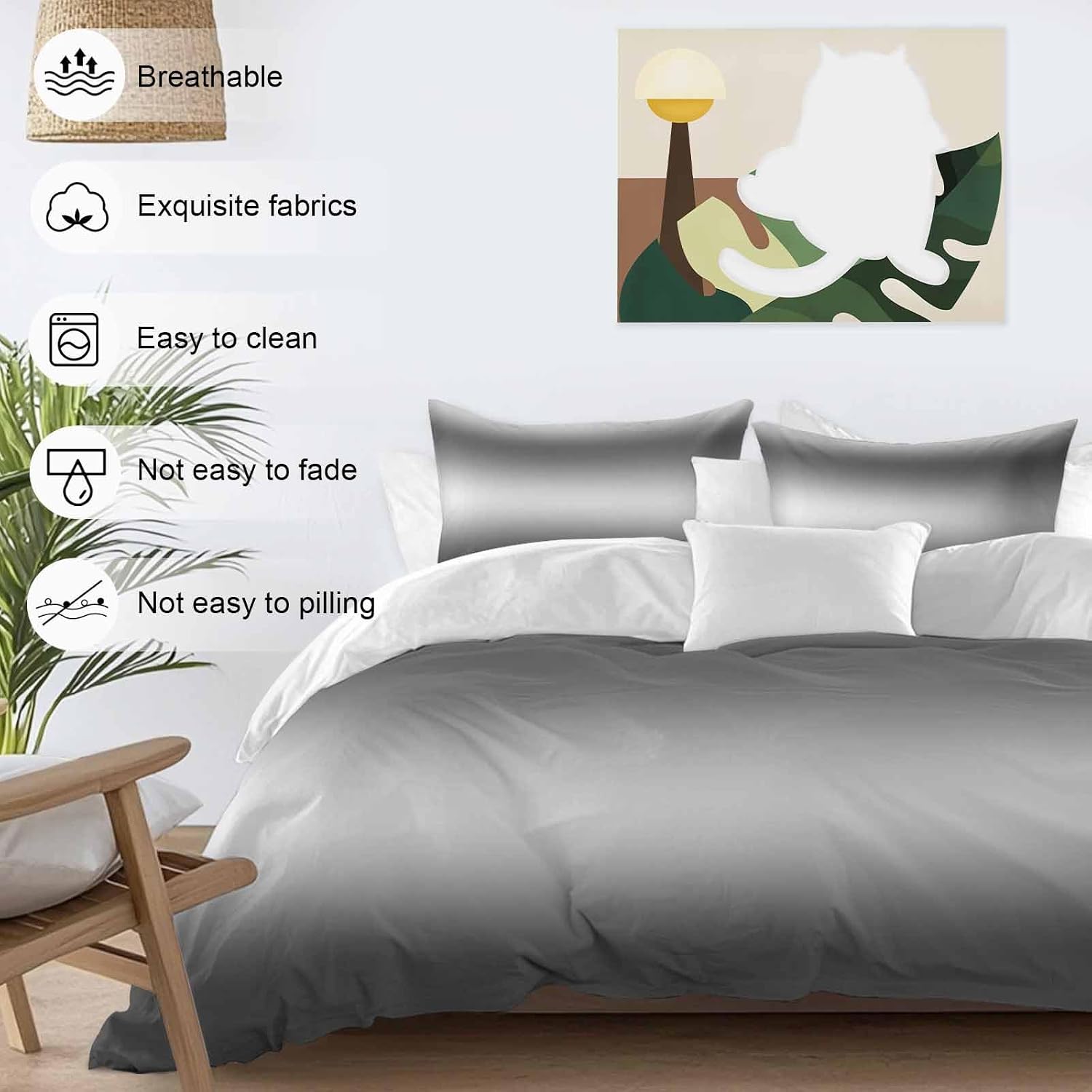 Prime Leader Gradient Gray Duvet Cover Set Queen Size 4 Pieces Modern Minimalist Black Gray Ocean Beach Bedding Set with Zipper Closure, 1 Comforter Cover 90x92 Inches 1 Flat Sheet & 2 Pillow Cases