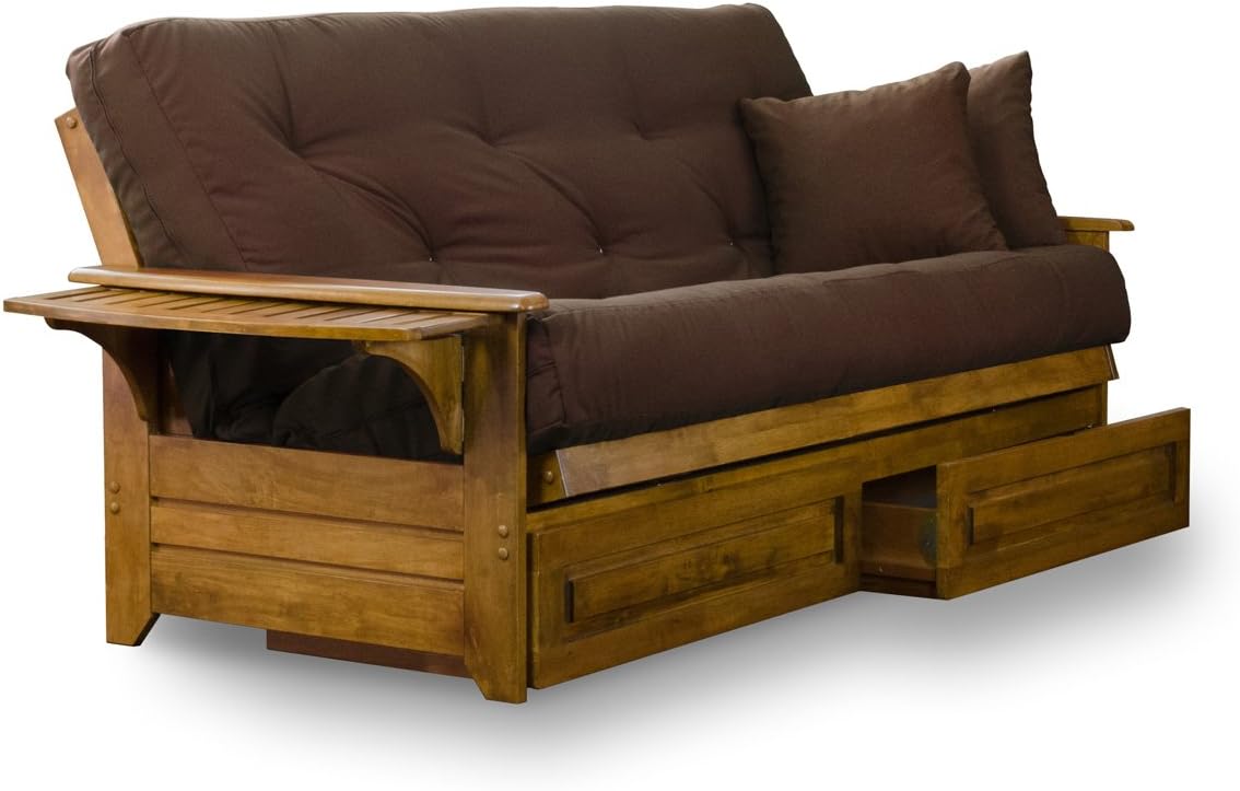 Nirvana Futons Brentwood Tray Arm Futon Frame, Drawers, and Microfiber Fudge Mattress Set - Full, Heritage Finish