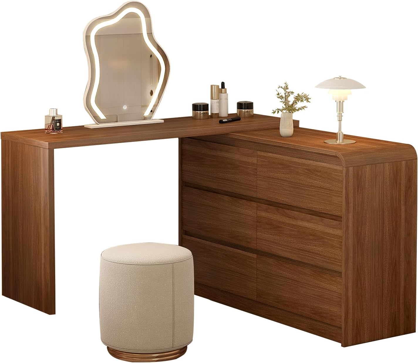 Messenya Makeup Vanity Desk with Cloud HD Mirror and Lights, 50-94in Extendable Modern Vanity Table Set with Chair, 6-Drawer Storage Cabinet with Rounded Corners, Dressing Table for Bedroom, Brown