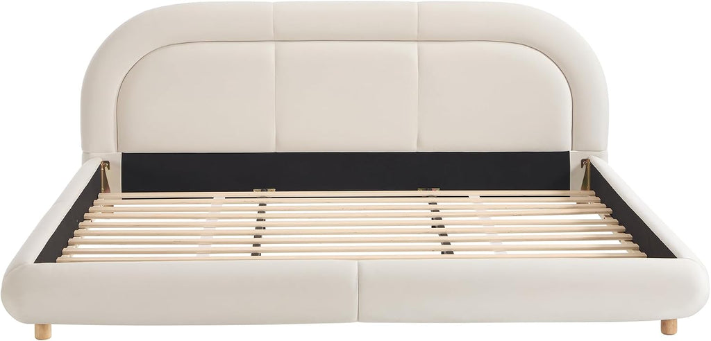 Curve-Shaped Upholstered Platform Bed with Curved Shaped Rounded Headboard, King Size Wood Bed Frame for Kids Adults Bedroom Furniture, Velvet Thick Fabric Upholstered Bed Grounded Bed (Beige-7, King)