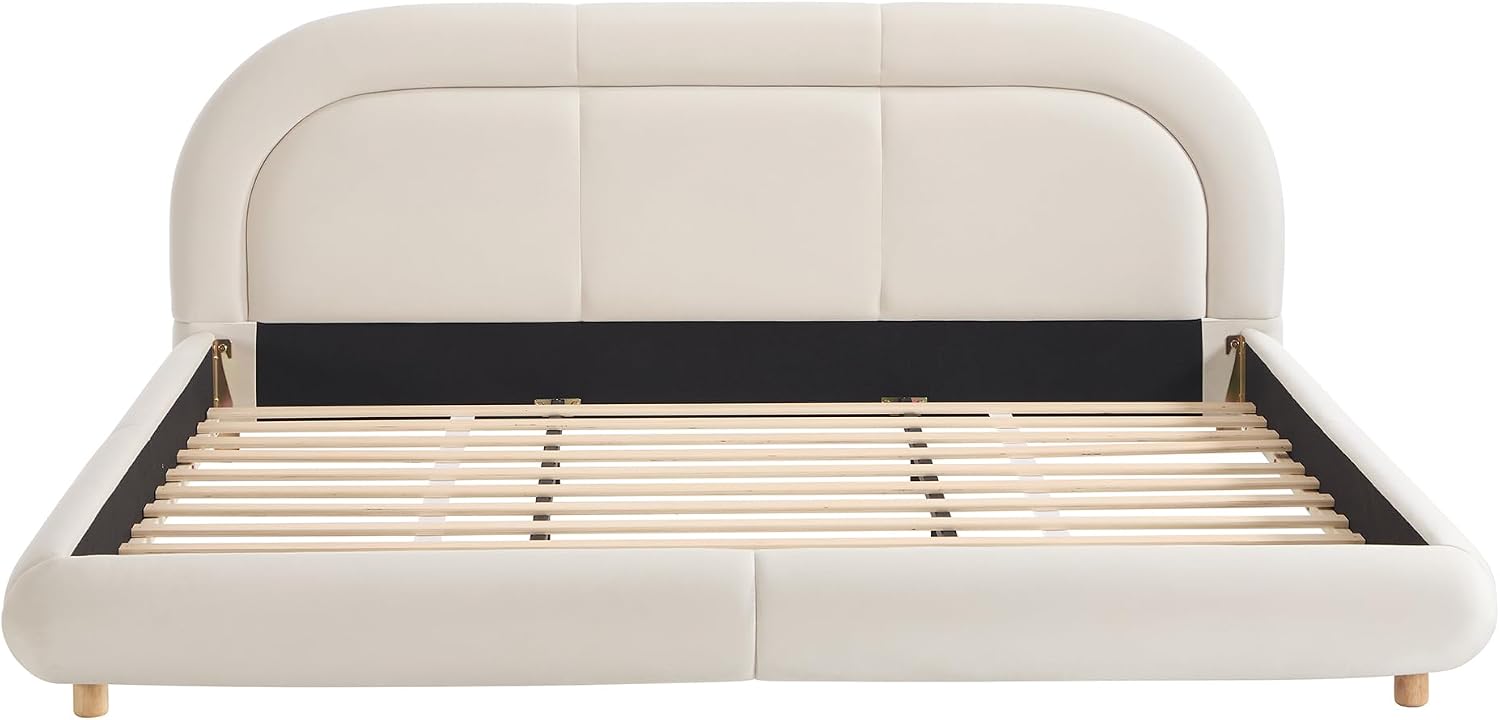 Curve-Shaped Upholstered Platform Bed with Curved Shaped Rounded Headboard, King Size Wood Bed Frame for Kids Adults Bedroom Furniture, Velvet Thick Fabric Upholstered Bed Grounded Bed (Beige-7, King)