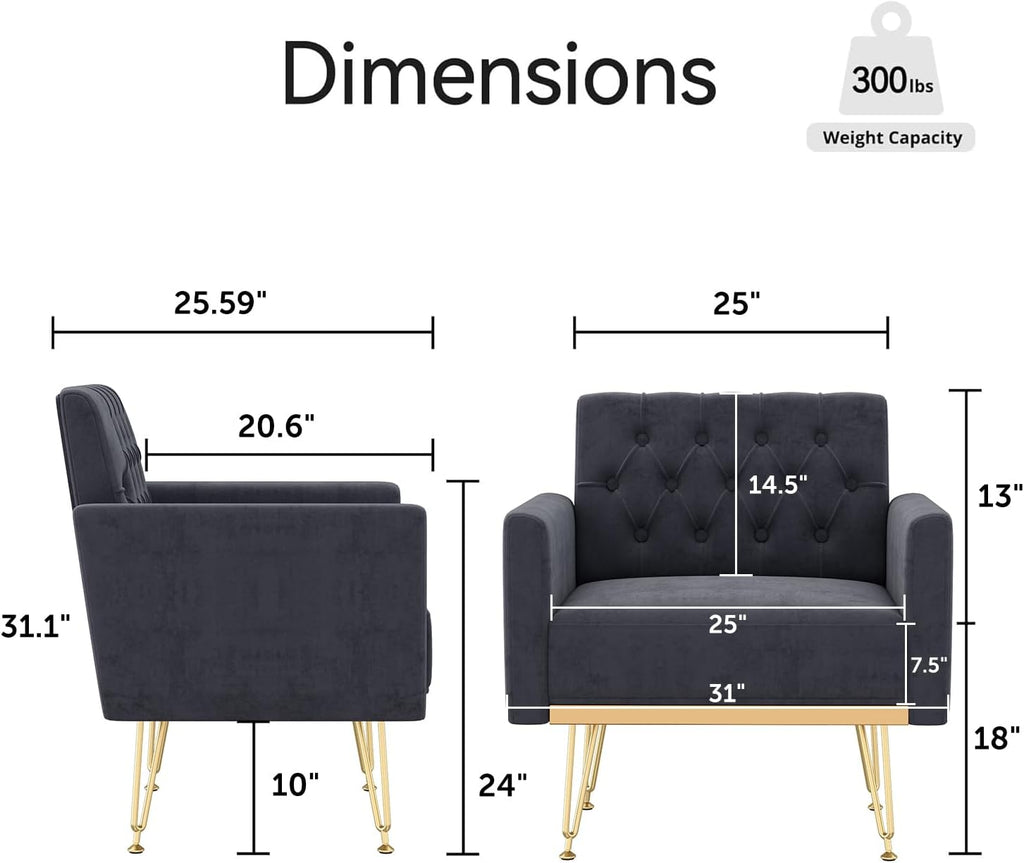 Olela Accent Chair with Arm for Living Room, Velvet Modern Armchair Single Sofa Cozy Tufted Upholstered Reading Side Chairs with Gold Metal Leg for Bedroom Decorate