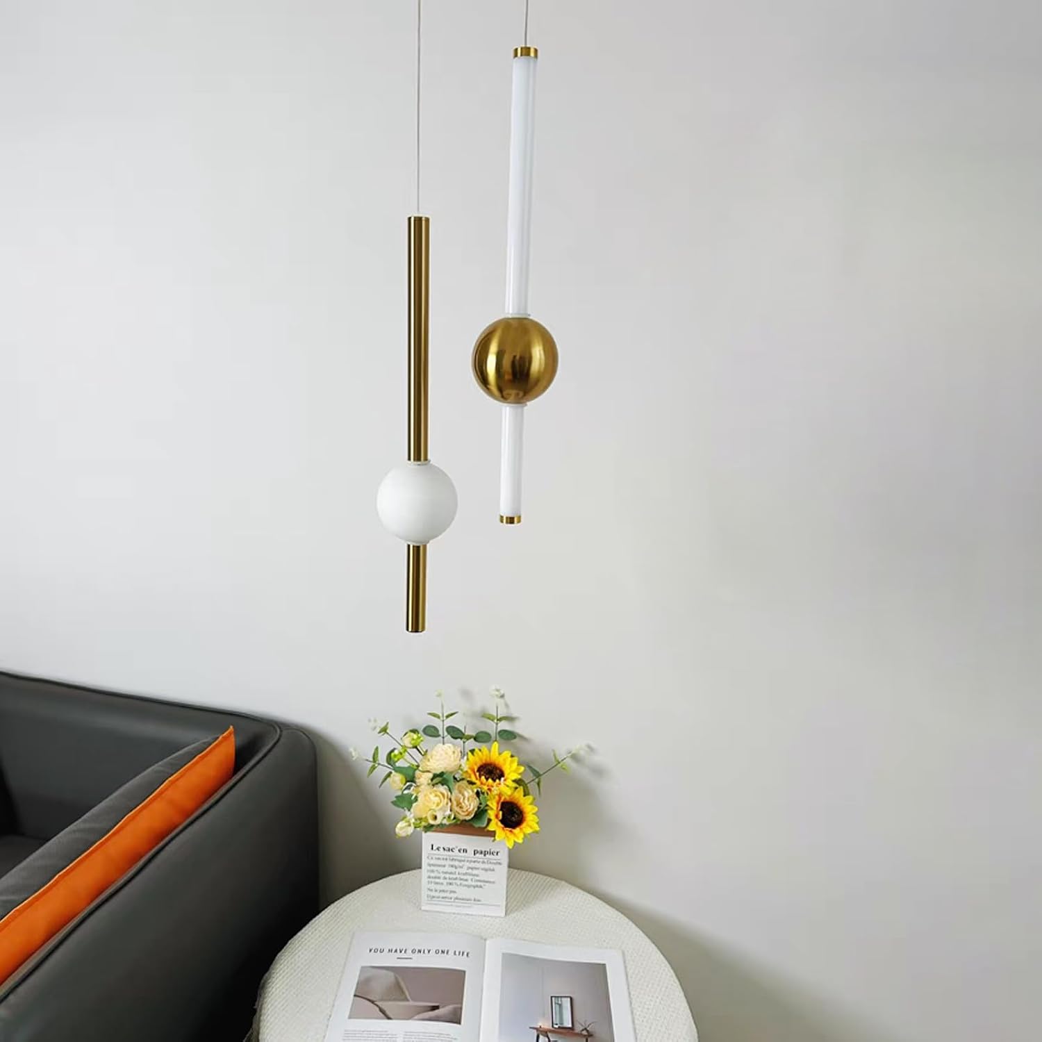 Gold LED Pendant Light Fixture, Remote Dimmable Adjustable Height Cylindrical Modern Minimalist Hanging Lamp with Gold Finish, for Kitchen Island, Dining Room, Living Room, Bedroom,Hotel