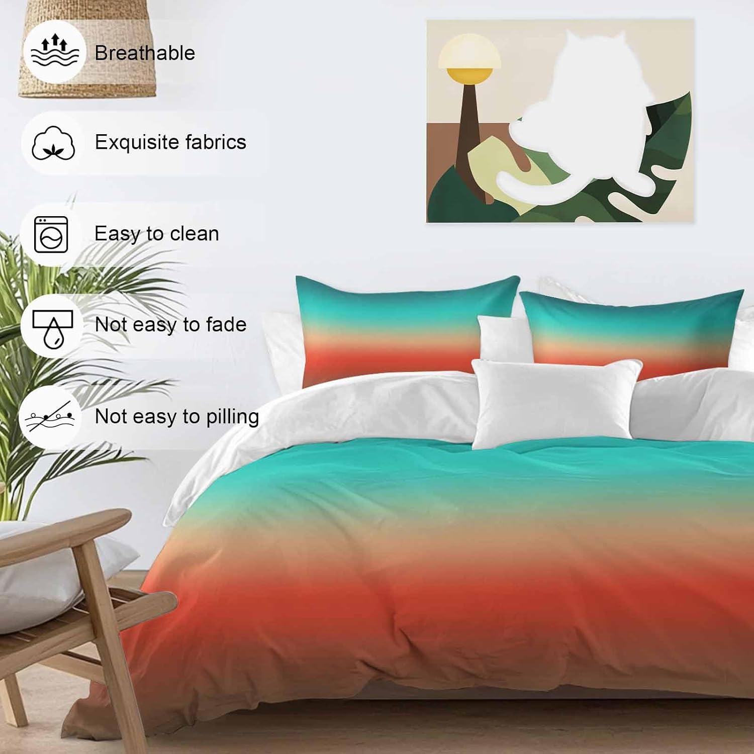 Bohemian Gradient Red Duvet Cover Set Queen Size 4 Pieces Modern Minimalist Green Brown Ocean Beach Bedding Set with Zipper Closure, 1 Comforter Cover 92x106 Inches 1 Flat Sheet & 2 Pillow Cases