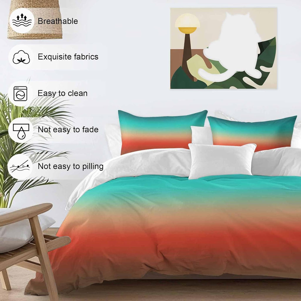 Bohemian Gradient Red Duvet Cover Set Queen Size 4 Pieces Modern Minimalist Green Brown Ocean Beach Bedding Set with Zipper Closure, 1 Comforter Cover 90x92 Inches 1 Flat Sheet & 2 Pillow Cases