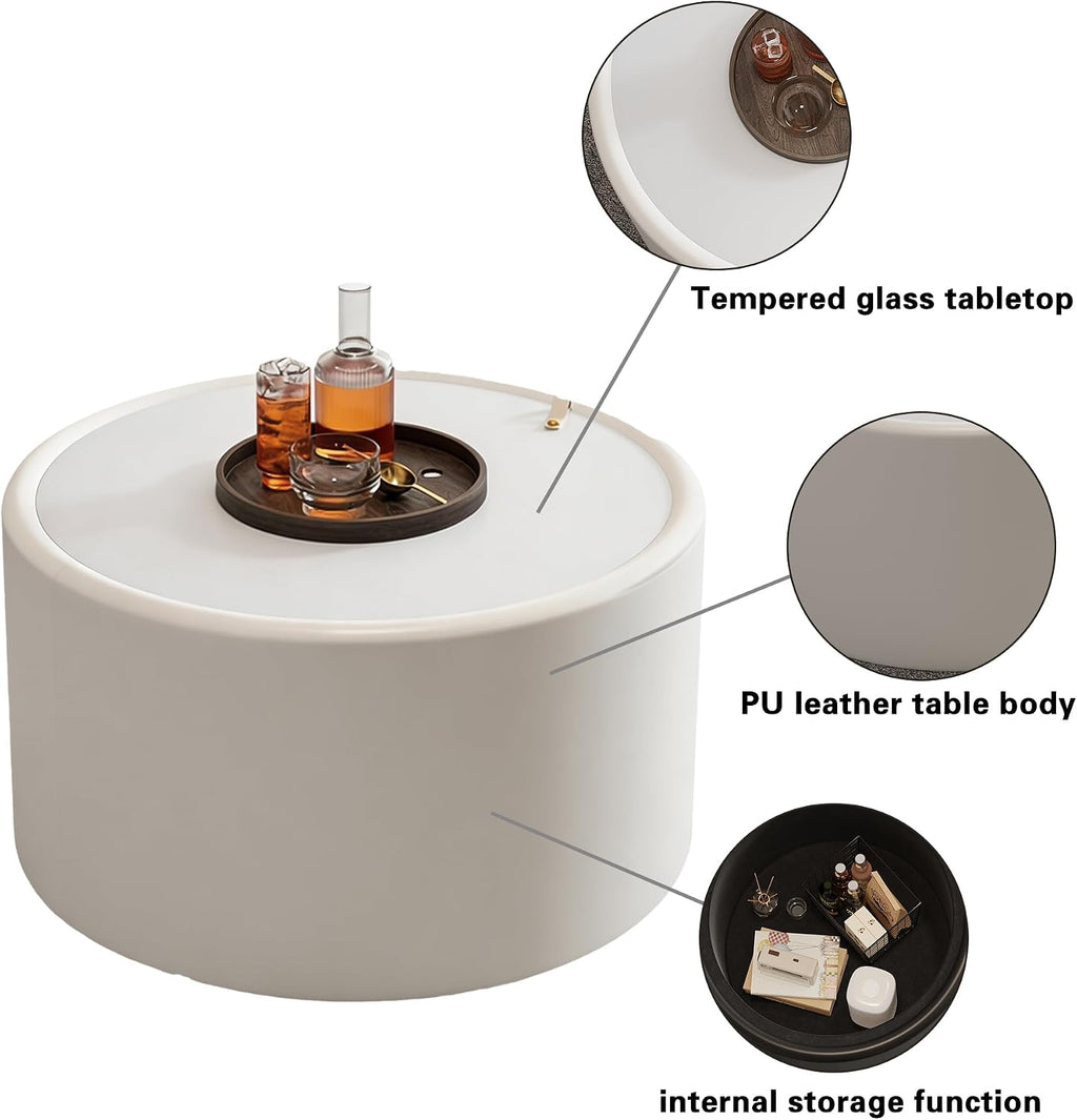 Round Living Room Table Set with Hidden Storage, 27.56' White Drum Center Table and 19.69' Black Coffee Table Set, 2 Pieces Coffee Table Set with Tempered Glass Top and PU Leather Body