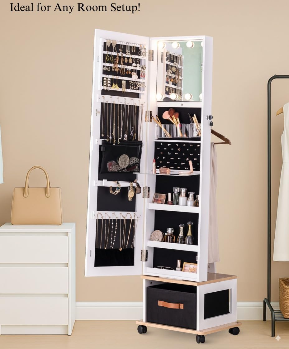 BTEXPERT 360 Swivel Jewelry Cabinet Armoire, Standing with Lights, Lockable Jewelry Organizer, 63' Rotating Full Length Frameless Mirror with Storage, 4 Wheels, White Lock Key