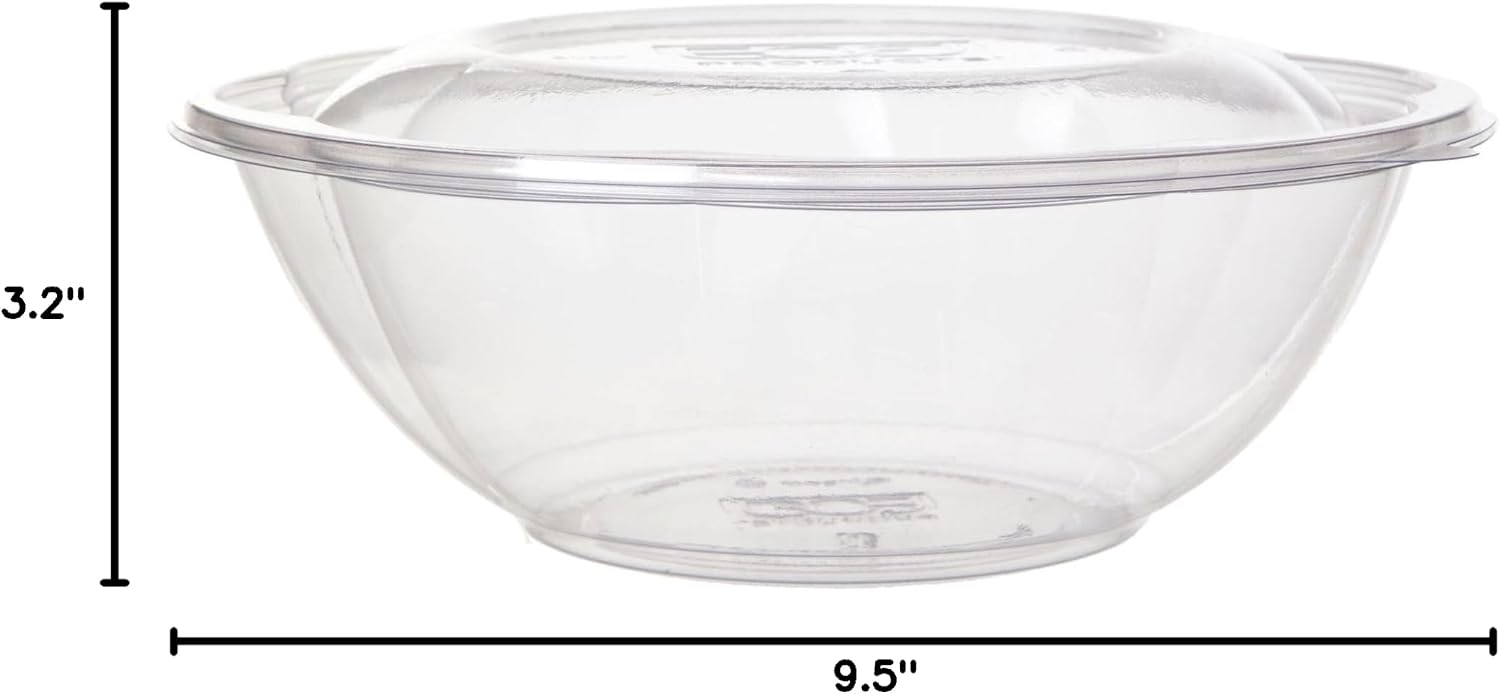 Eco-Products Compostable Clear PLA Plastic 64oz Large Salad Bowl With Lid, Case of 150, Grab 'n' Go Round Cold Takeout Food Containers, Renewable Plant-Based, Disposable, ASTM Compliant, BPI-Certified