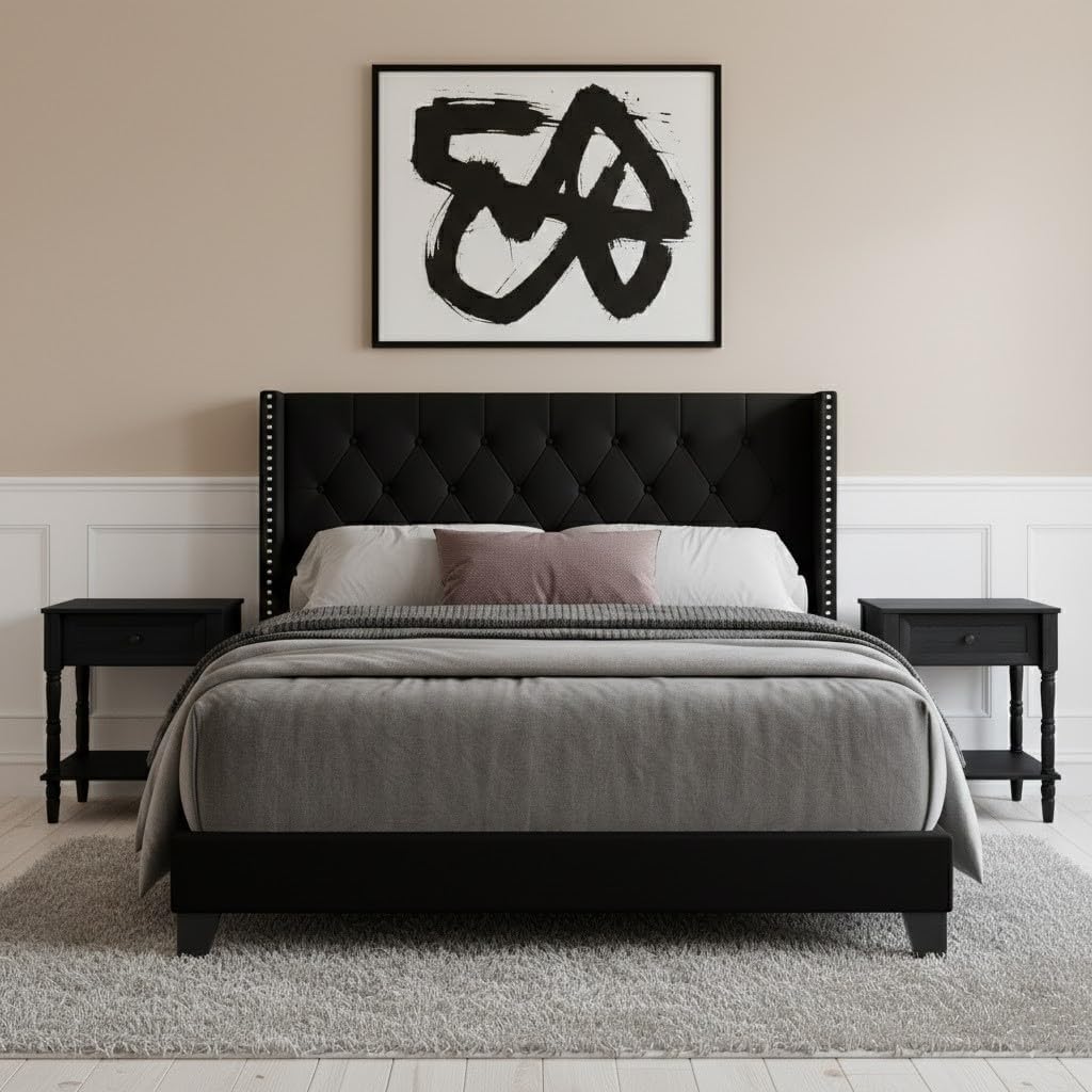 HOME DESIGN Homer Full Tufted Wingback Upholstered Panel Bed with 2 Matching 1 Drawer Nightstands, Bedroom Furniture Set with Open Shelf Storage, Black Black