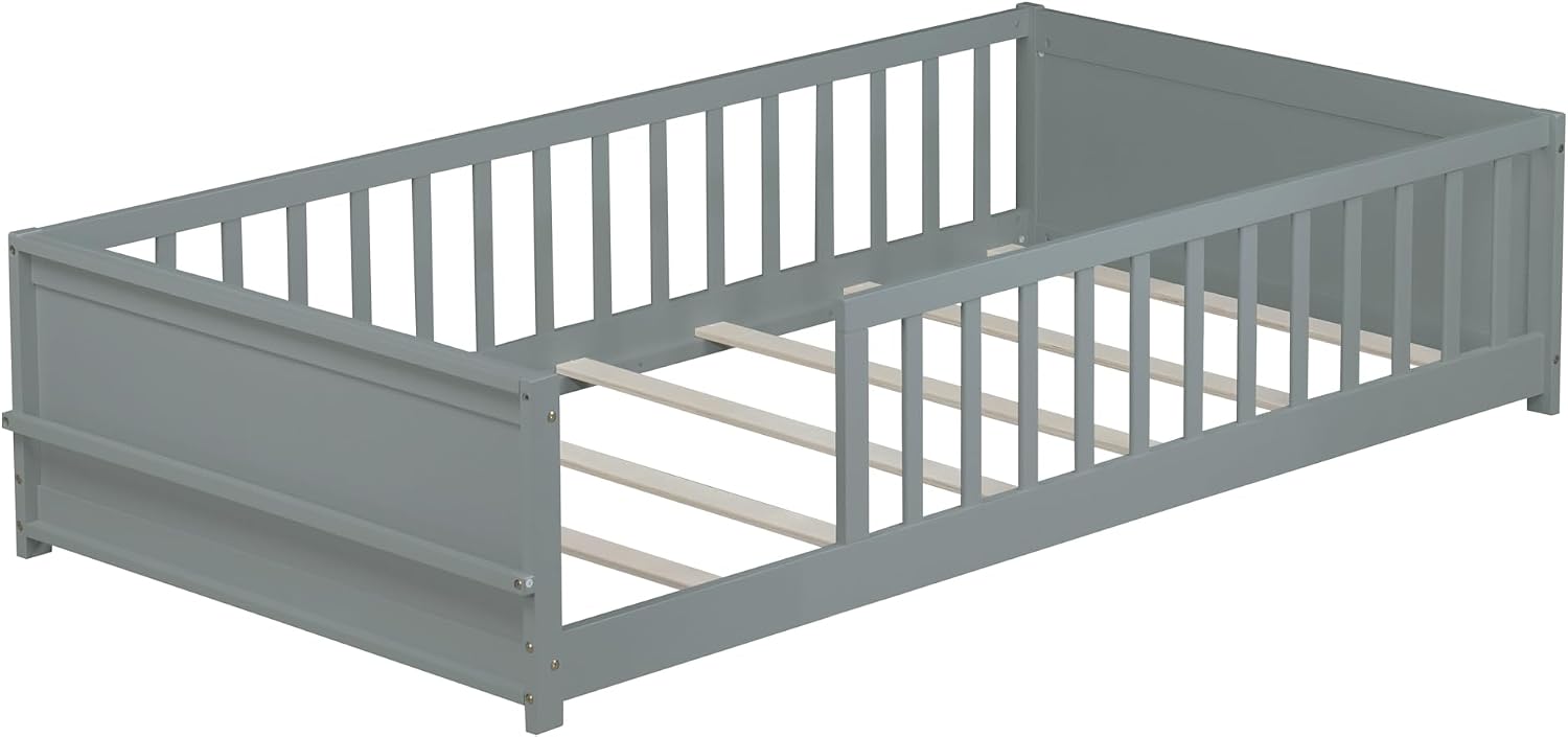 Twin Size Kids Montessori Floor Bed,Twin Floor Bed Frame with Slats and Bookcase,Solid Wood Montessori Bed for Girls Boys,Grey