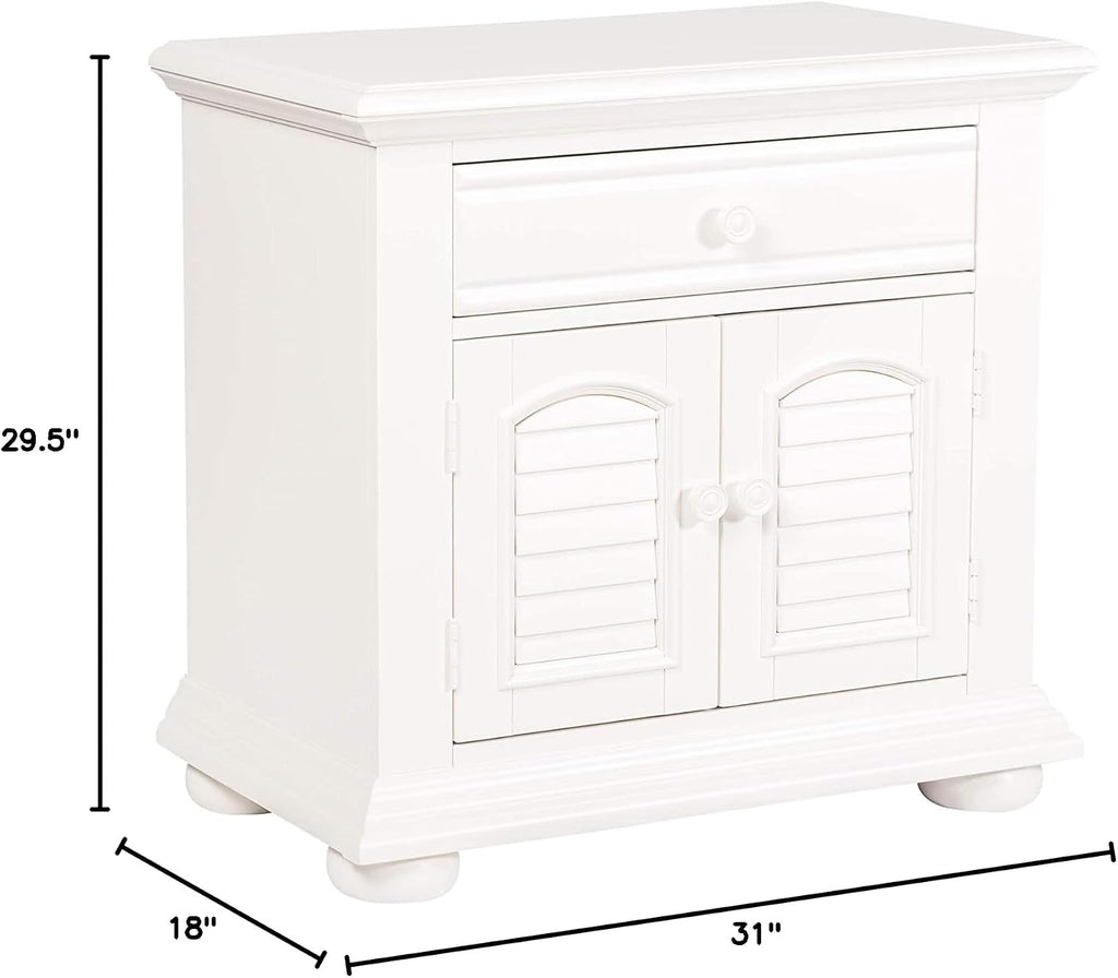BOWERY HILL 2 Door 1 Drawer Nightstand, 31' W x 18' D x 29.5' H, Poplar Pine Wood, Oyster White Finish, Cottage Style, Louvered Panel Accents, Felt Lined Top Drawer, Bedroom Storage Furniture