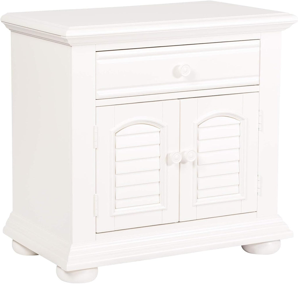 BOWERY HILL 2 Door 1 Drawer Nightstand, 31' W x 18' D x 29.5' H, Poplar Pine Wood, Oyster White Finish, Cottage Style, Louvered Panel Accents, Felt Lined Top Drawer, Bedroom Storage Furniture