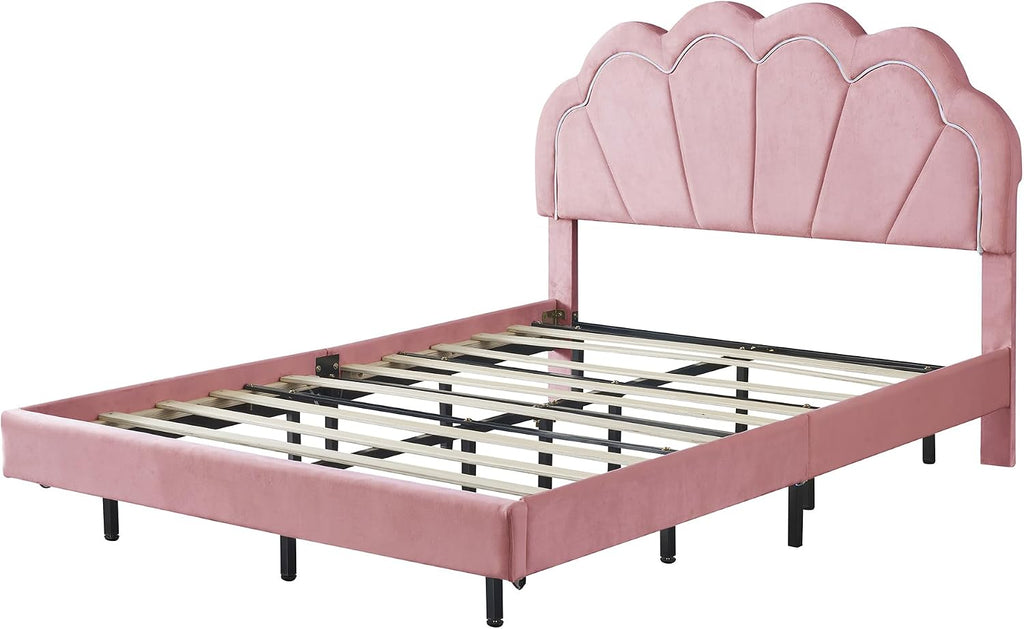 2-Pieces Bedroom Sets,Full Size Upholstered Led Platform Bed with Storage Ottoman,Easy to Assemble,No Box Spring Needed (Pink-4)