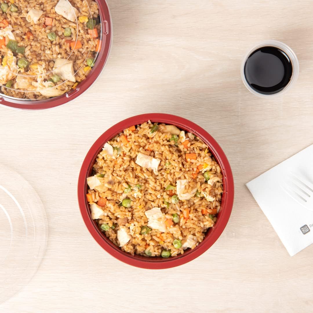 24 Ounce Food Containers, 200 Disposable Salad Bowls - Lids Included, Microwavable, Black And Red Plastic To Go Bowls, Asian Inspired, Perfect For Picnics, Or Take Outs - Restaurantware