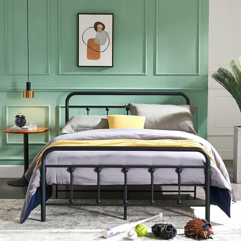 Full Size Metal Bed Frame with Vintage Headboard and Footboard, Premium Stable Steel Slat Support Mattress Foundation, No Box Spring Needed and Easy Assembly, Black (Full).