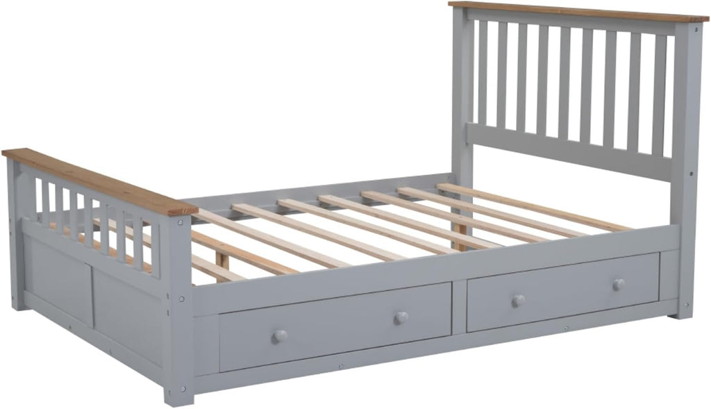 Rustic Bedroom Furniture Set: Platform Bed with Storage Drawers, Nightstand with USB Charging Ports, and 6-Drawer Chest - Solid Wood Construction (Grey,Full Bed)