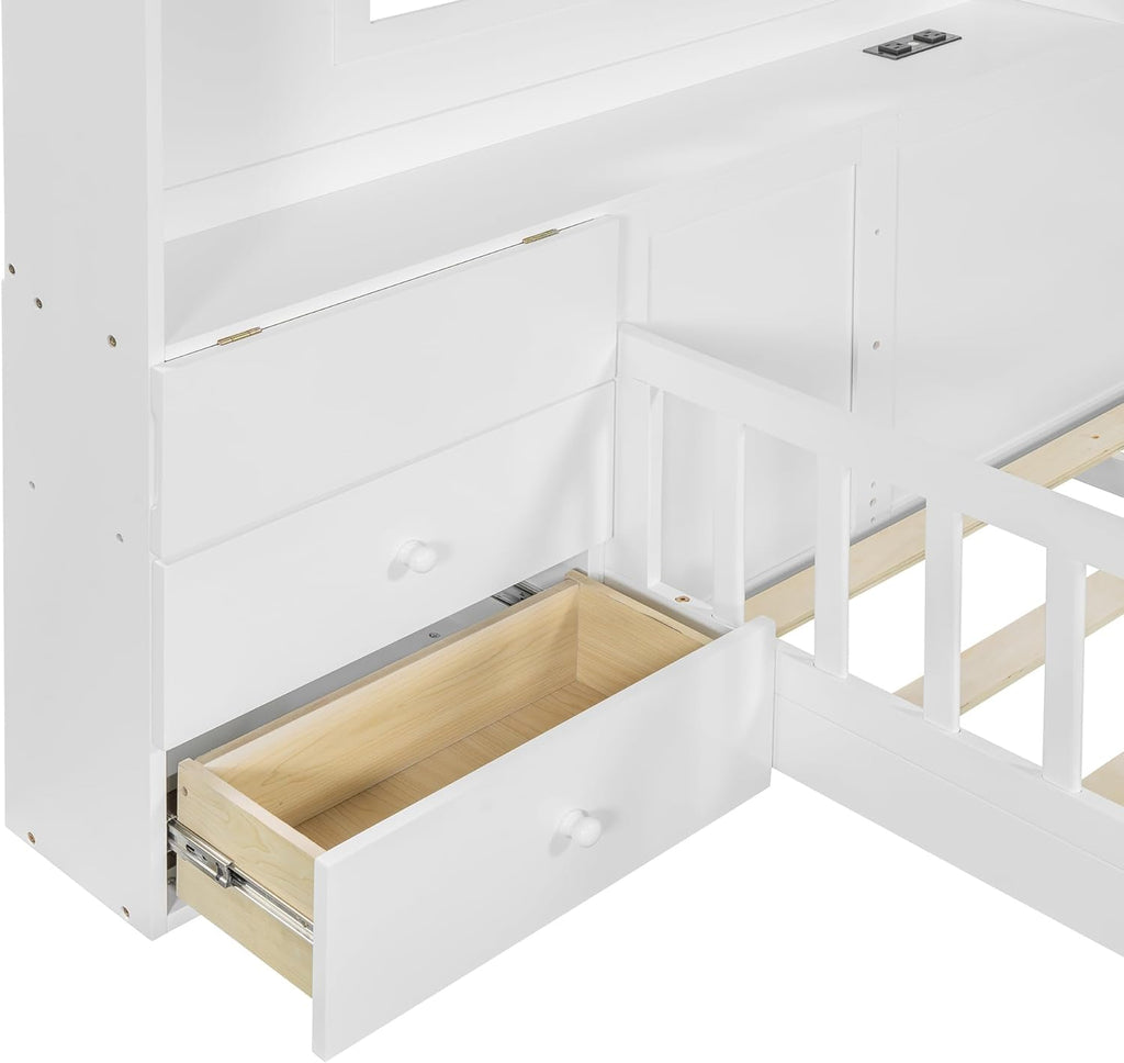 Full Floor House Bed for Kids, Wood Montessori Floor Bed with Rails, Window and Bedside Drawers, Kids Full Platform Bed with Shelves and a Set of Sockets and USB Port (Full,White)